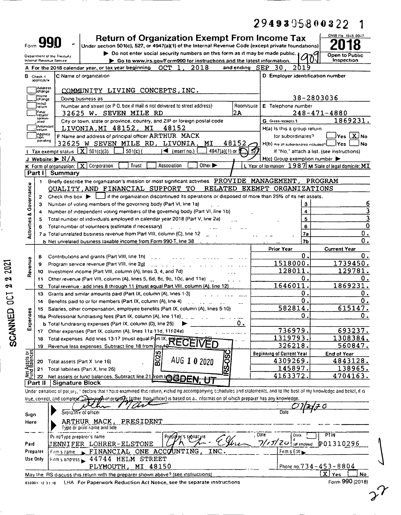 Image of first page of 2018 Form 990 for Community Living Concepts