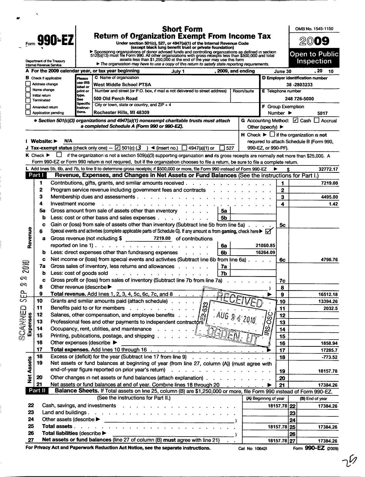 Image of first page of 2009 Form 990EZ for Ptsa Michigan Congress of Parents Teachers and Students / West Middle School Ptsa