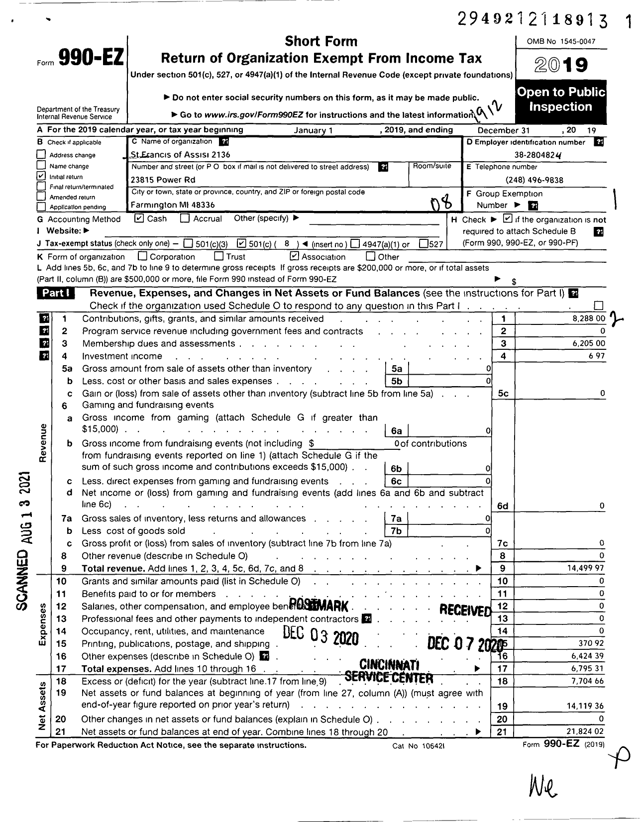 Image of first page of 2019 Form 990EO for St Francis of Asissi Assembly 2136