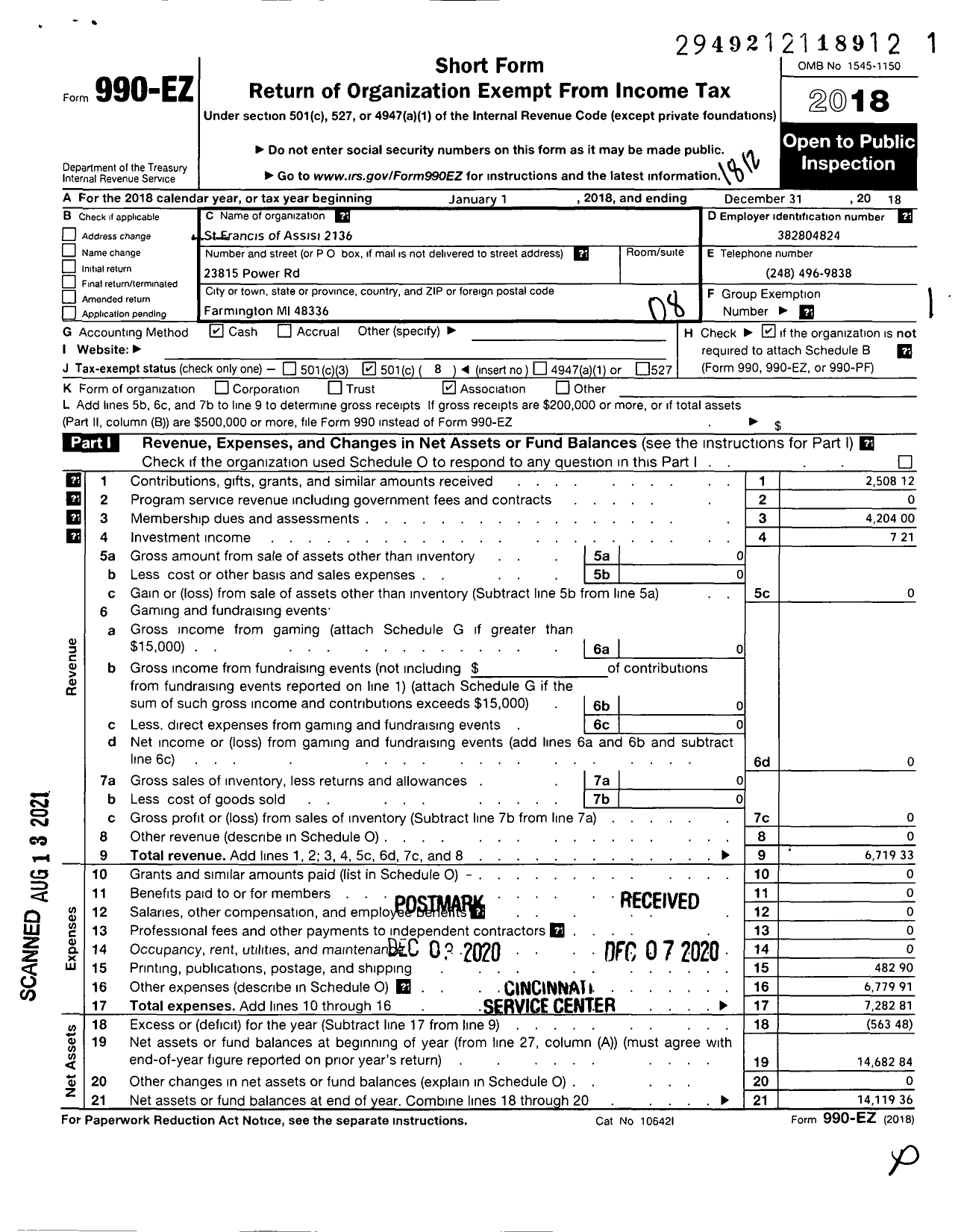 Image of first page of 2018 Form 990EO for St Francis of Asissi Assembly 2136