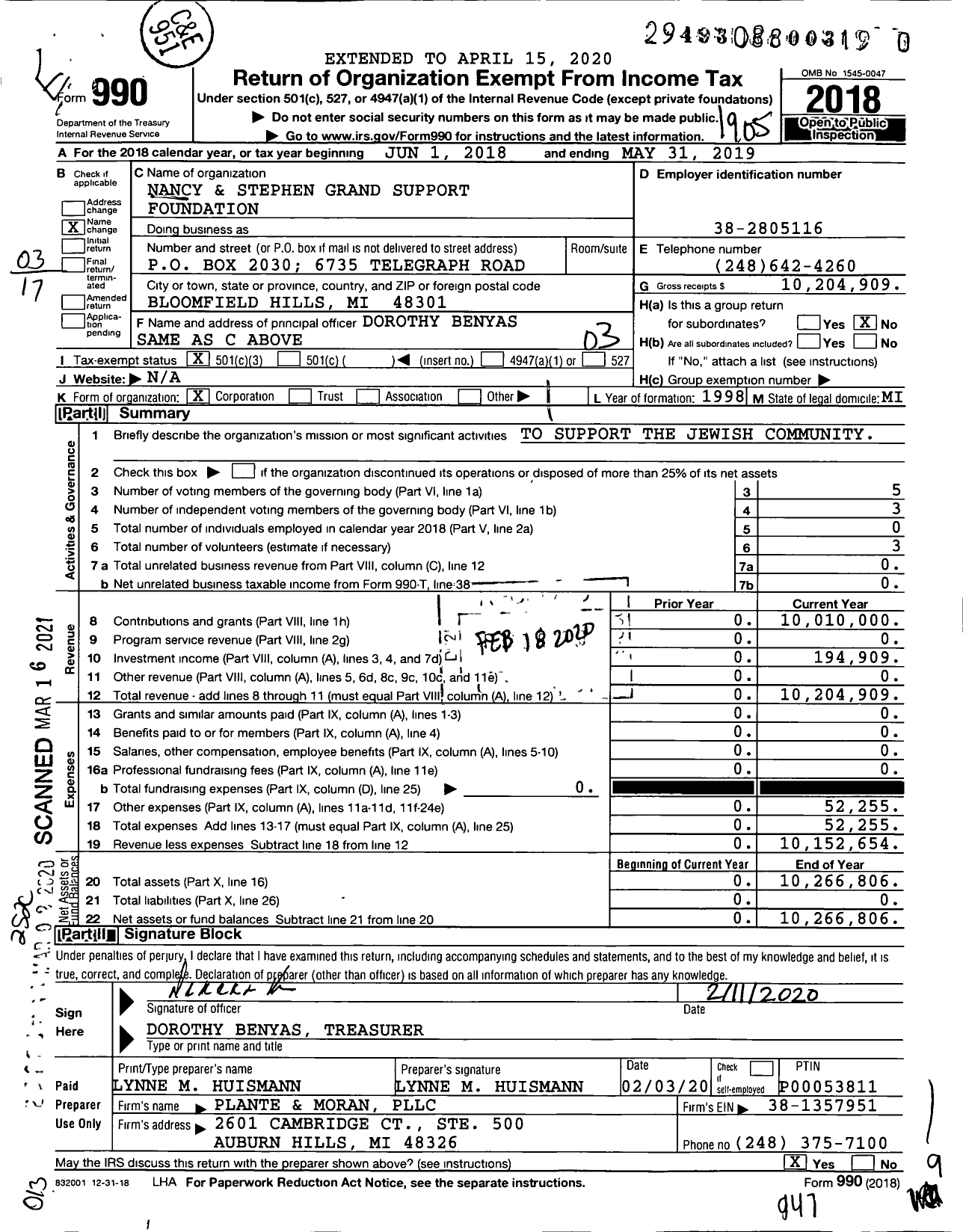 Image of first page of 2018 Form 990 for Nancy and Stephen Grand Support Foundation