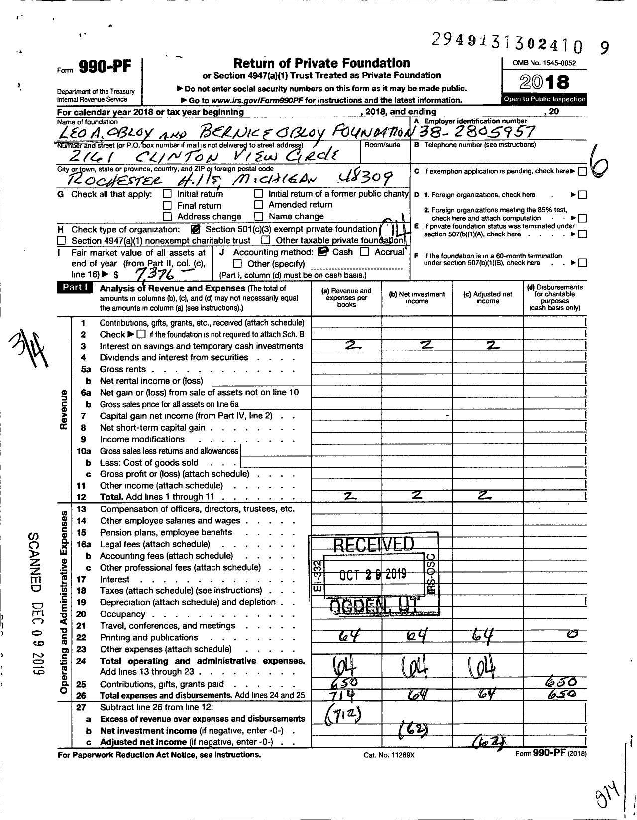 Image of first page of 2018 Form 990PF for Leo A Obloy and Bernice Obloy Foundation