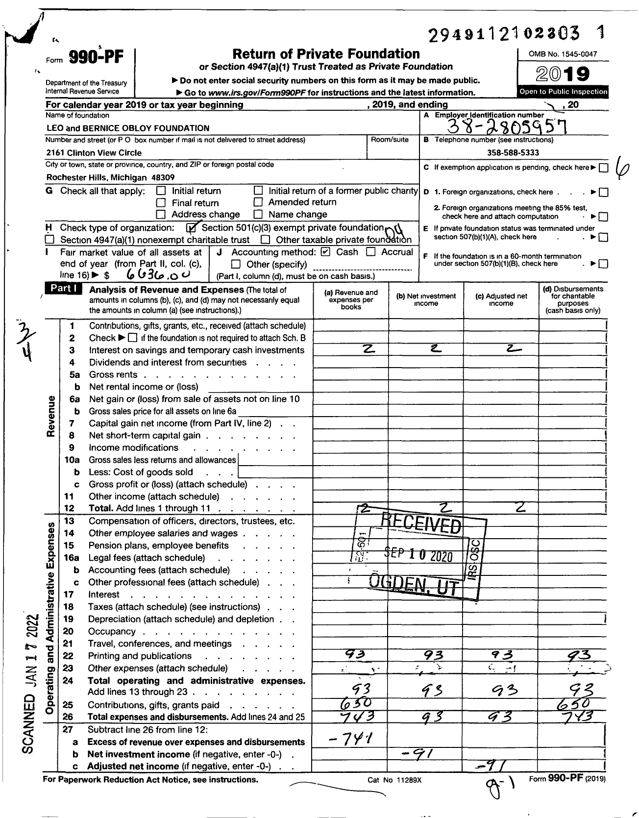 Image of first page of 2019 Form 990PF for Leo A Obloy and Bernice Obloy Foundation