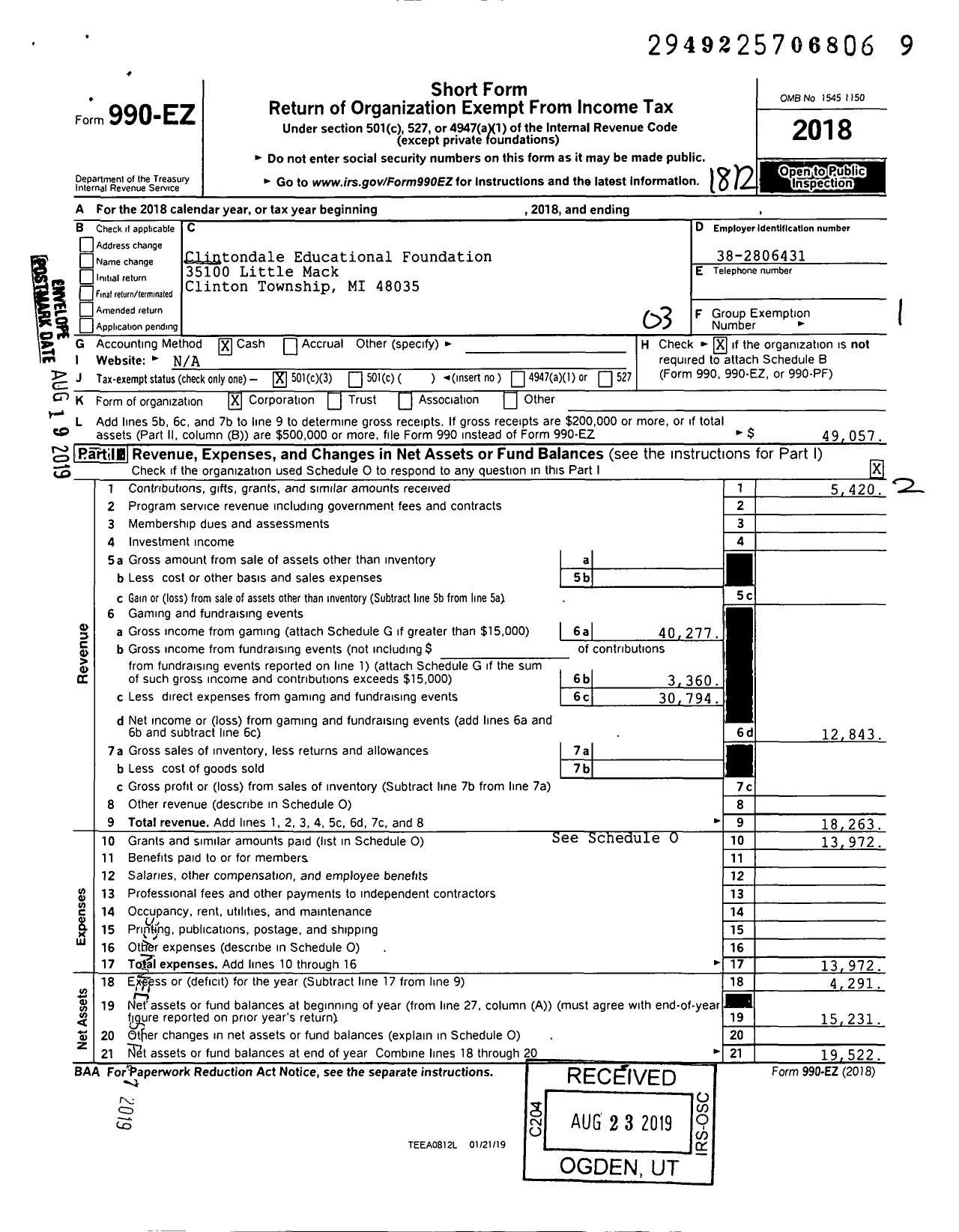 Image of first page of 2018 Form 990EZ for Clintondale Educational Foundation