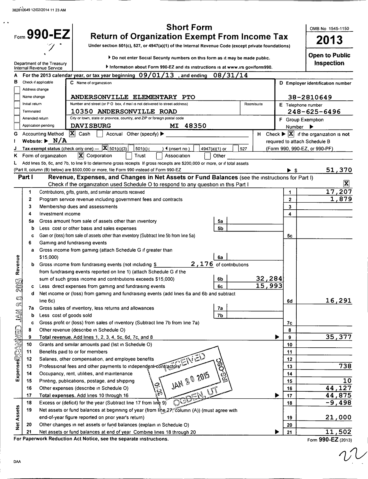 Image of first page of 2013 Form 990EZ for Andersonville Elementary Pto