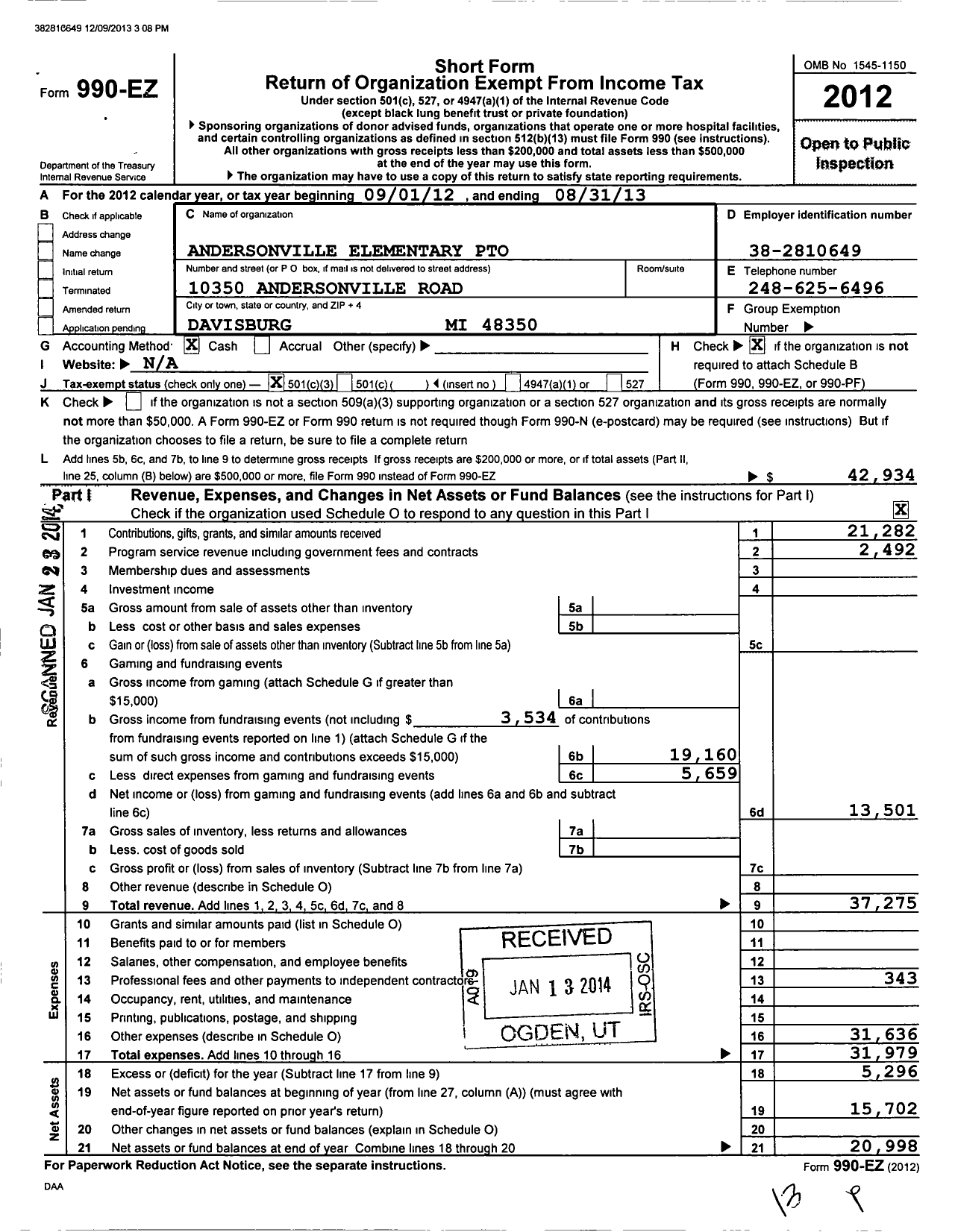 Image of first page of 2012 Form 990EZ for Andersonville Elementary Pto