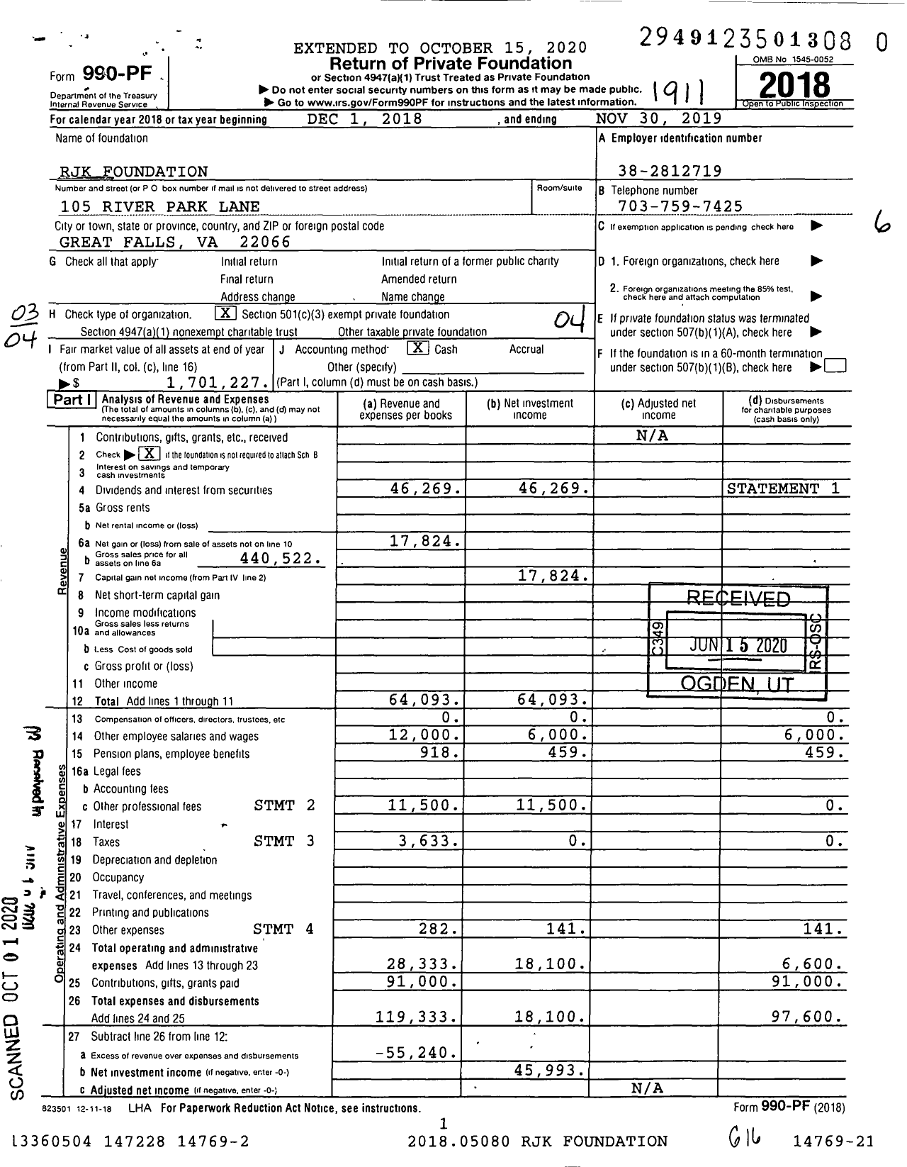 Image of first page of 2018 Form 990PR for RJK Foundation