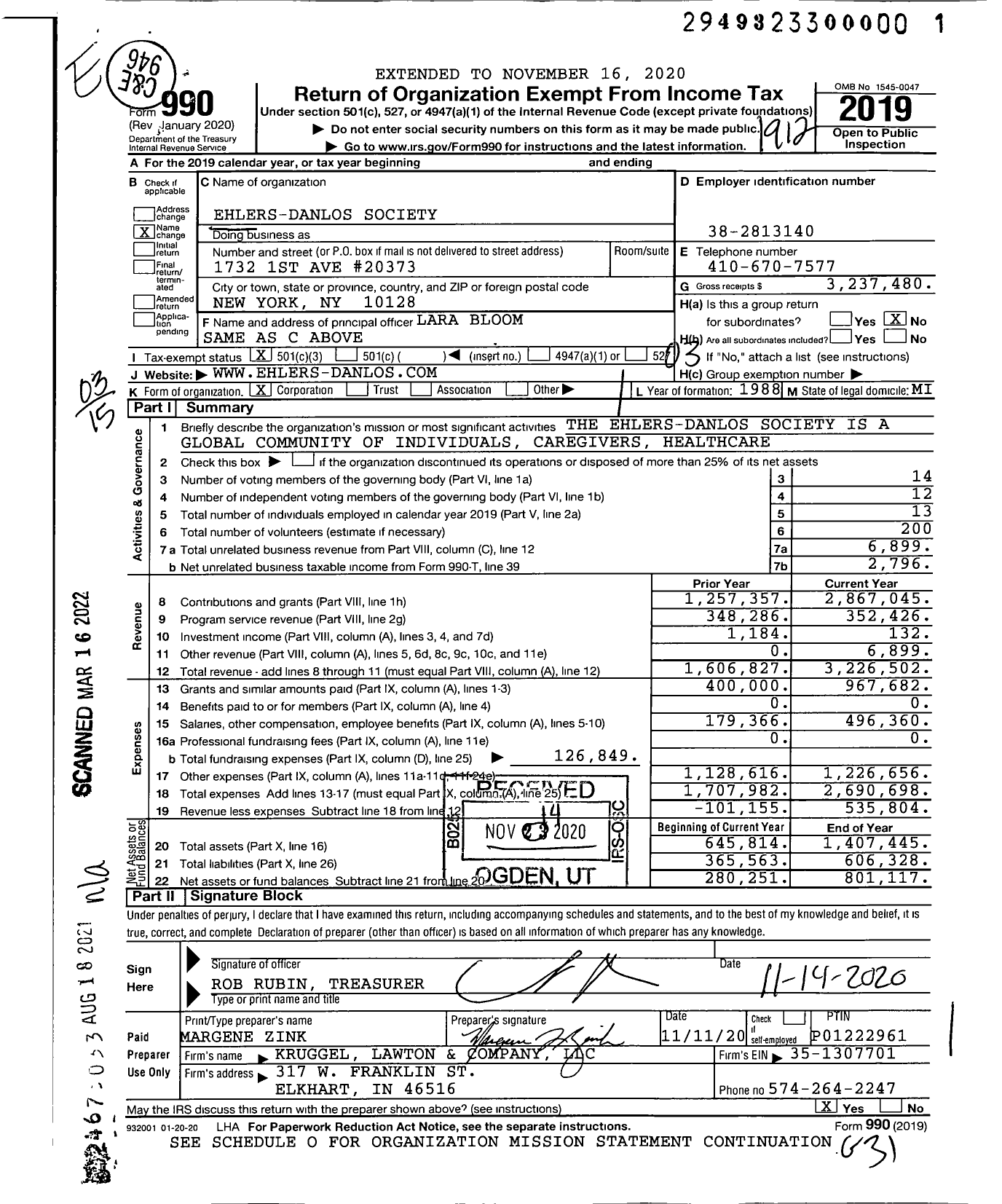 Image of first page of 2019 Form 990 for Ehlers-Danlos Society