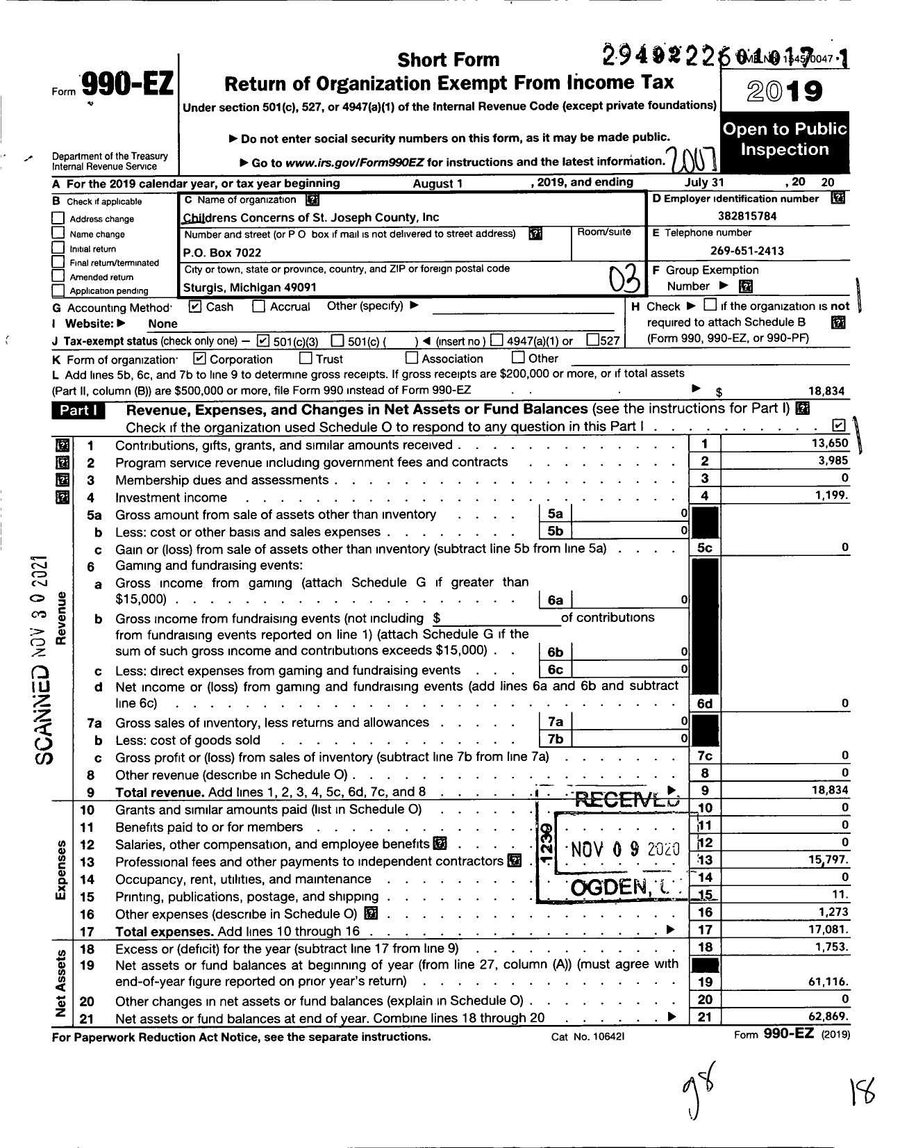 Image of first page of 2019 Form 990EZ for Childrens Concerns of St Joseph County