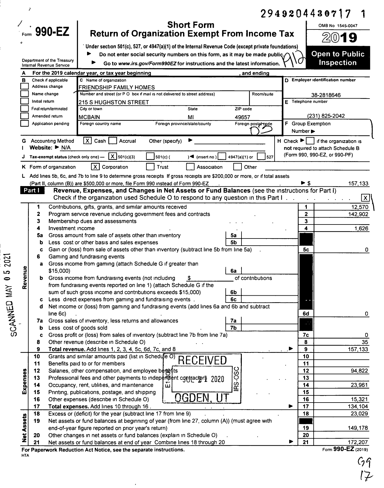 Image of first page of 2019 Form 990EZ for Friendship Family Homes