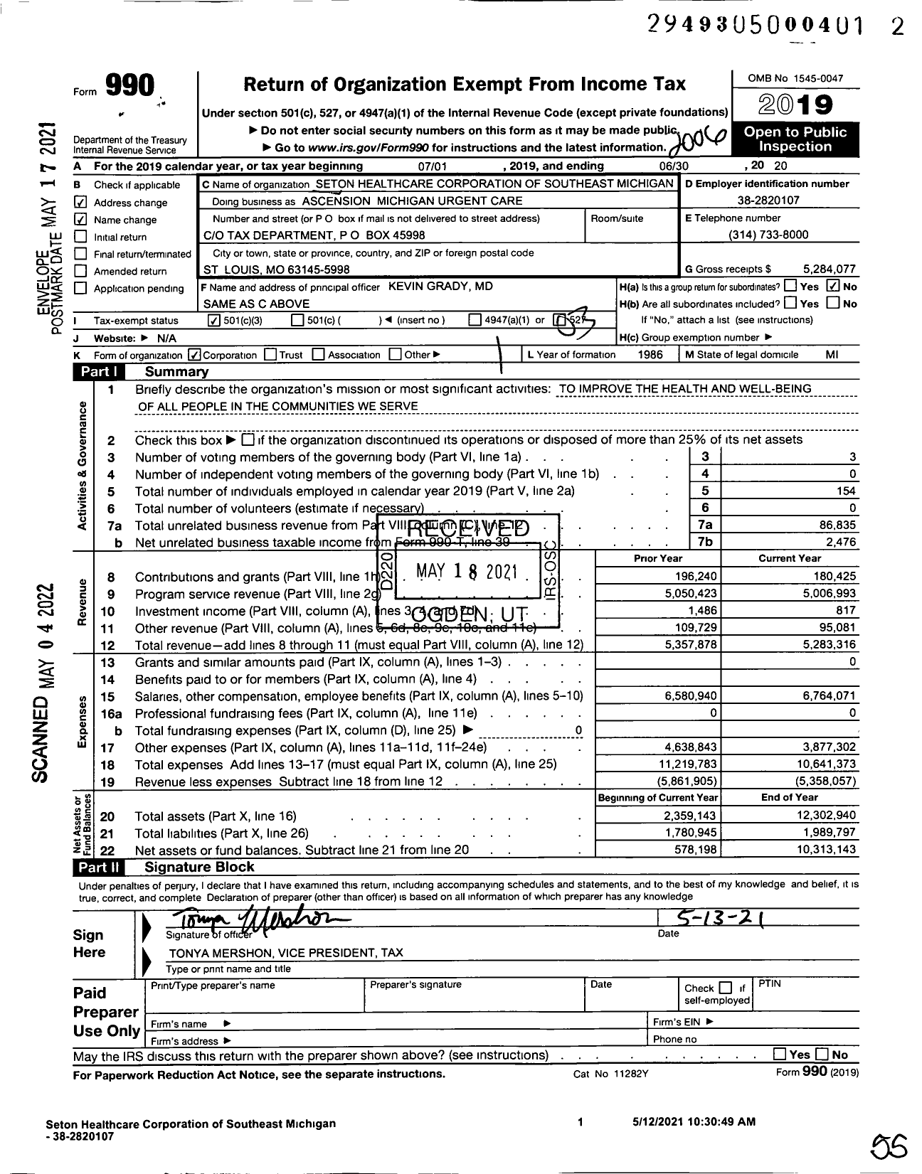 Image of first page of 2019 Form 990 for Seton Healthcare Corporation of Southeast Michigan