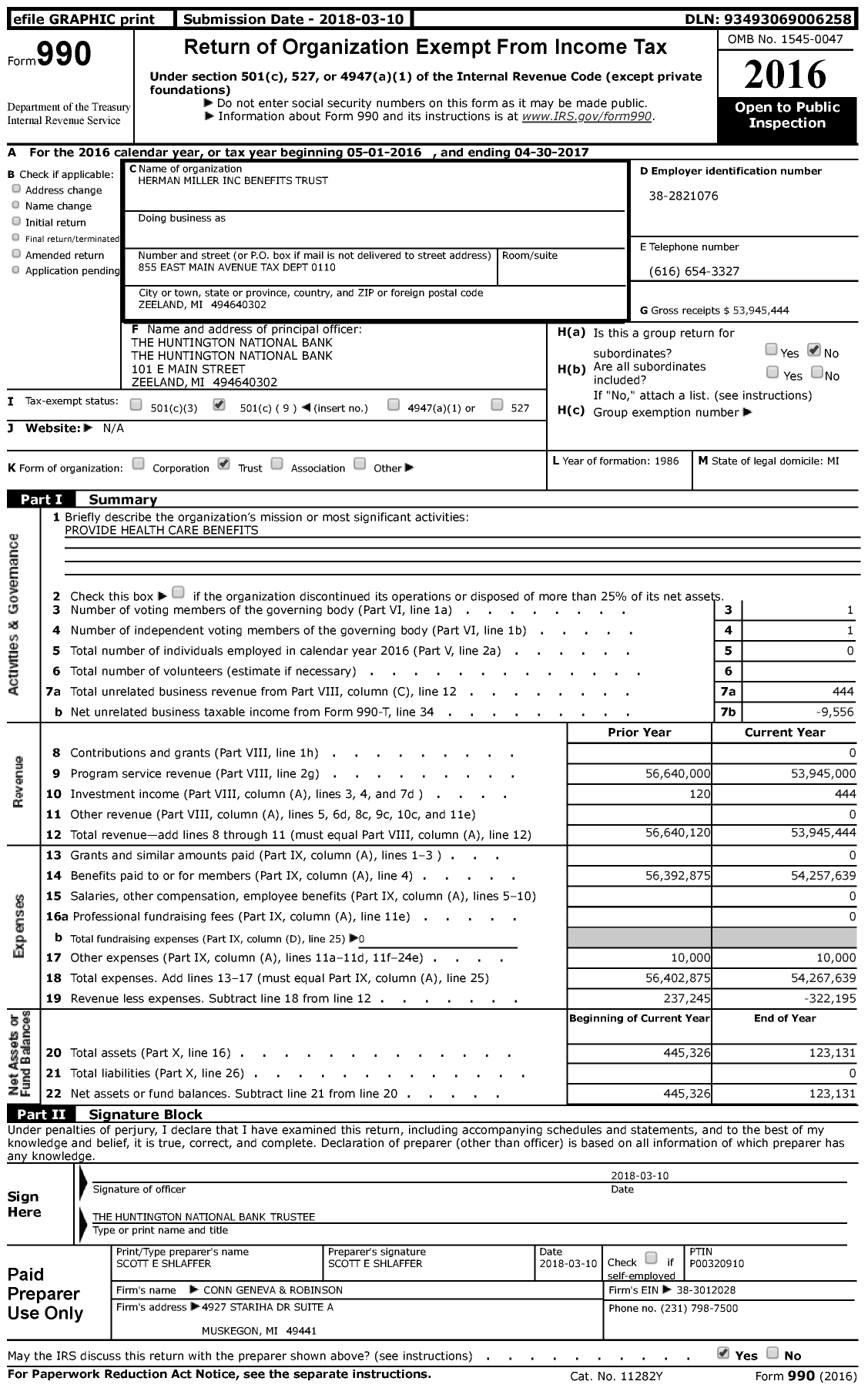 Image of first page of 2016 Form 990 for Herman Miller Inc Benefits Trust