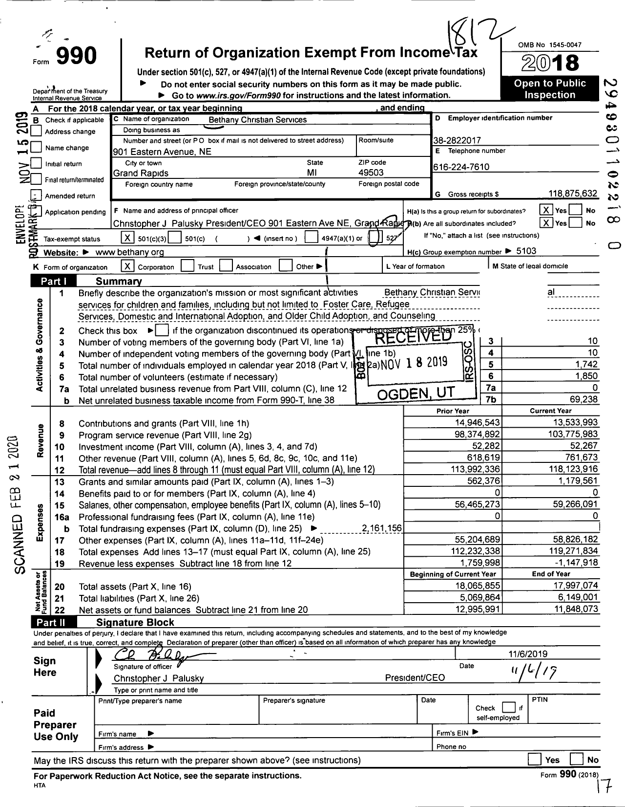 Image of first page of 2018 Form 990 for Bethany Christian Services / Group Return