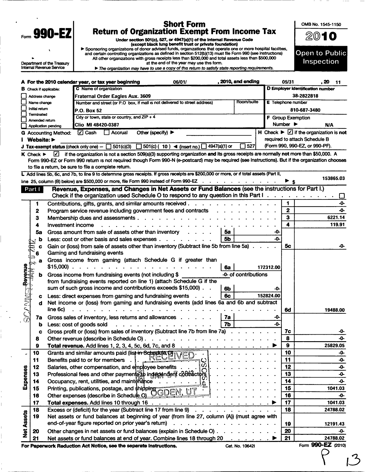 Image of first page of 2010 Form 990EO for Fraternal Order of Eagles - 3609 Aux
