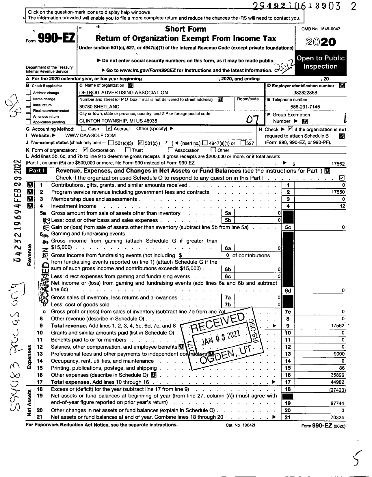 Image of first page of 2020 Form 990EO for Detroit Advertising Association