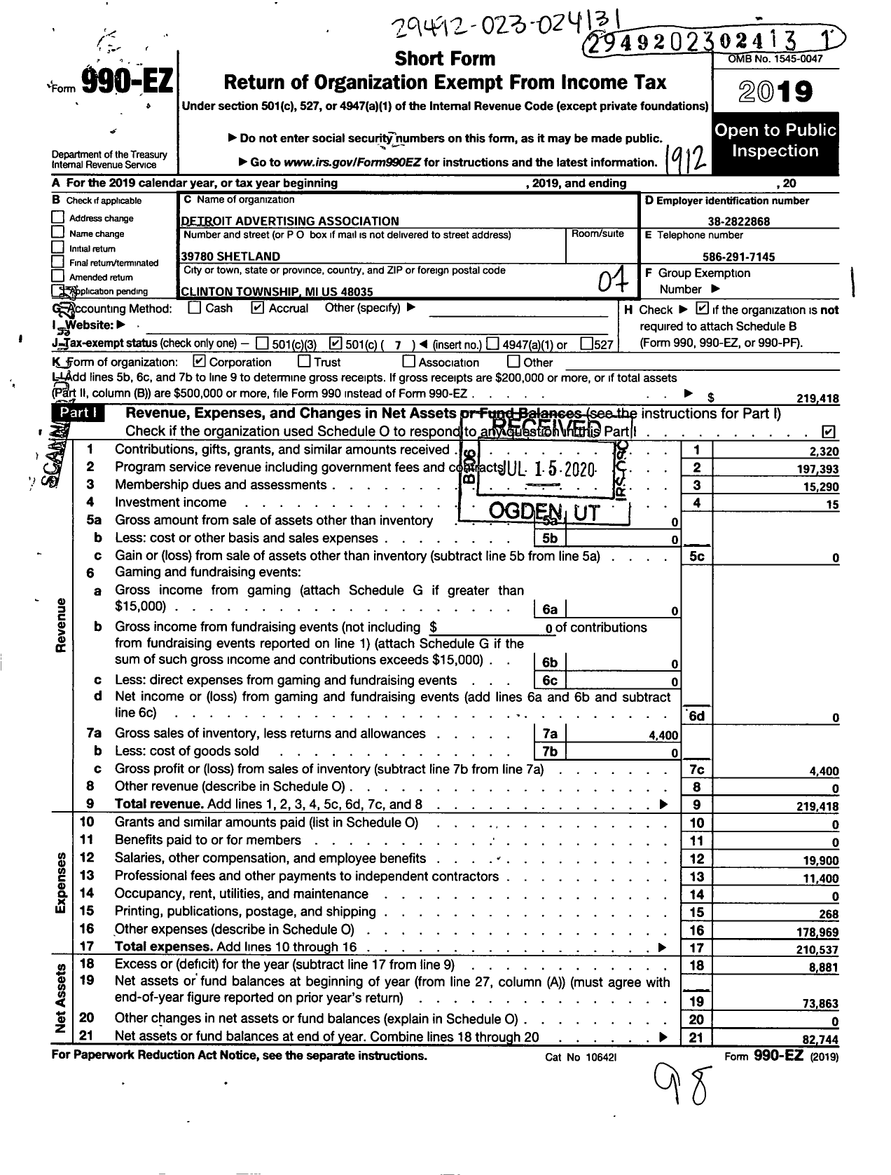 Image of first page of 2019 Form 990EO for Detroit Advertising Association
