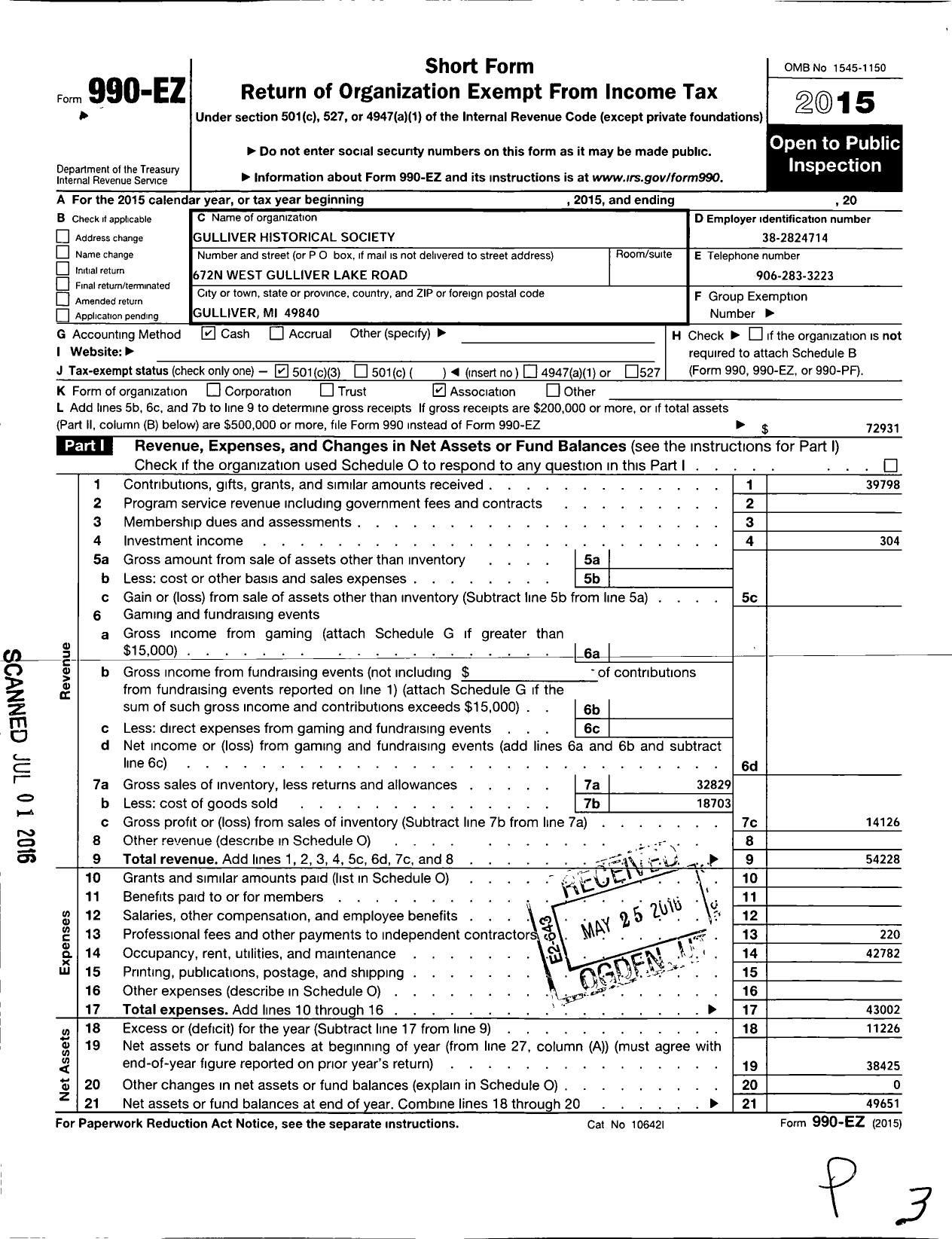 Image of first page of 2015 Form 990EZ for Gulliver Historical Society