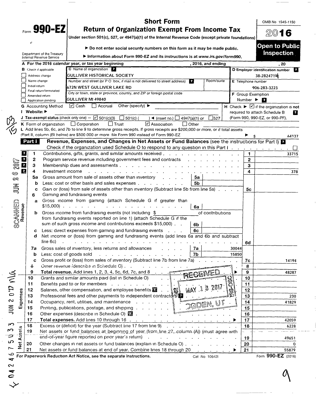 Image of first page of 2016 Form 990EZ for Gulliver Historical Society