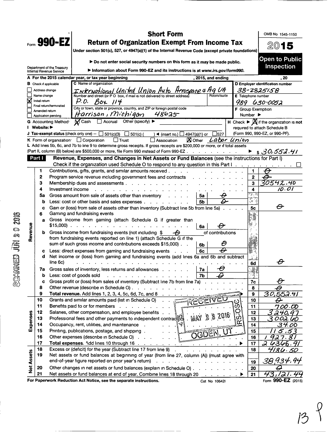 Image of first page of 2015 Form 990EO for International Union United Auto Aerospace and Agricultural Workers / 1974 Uaw Local