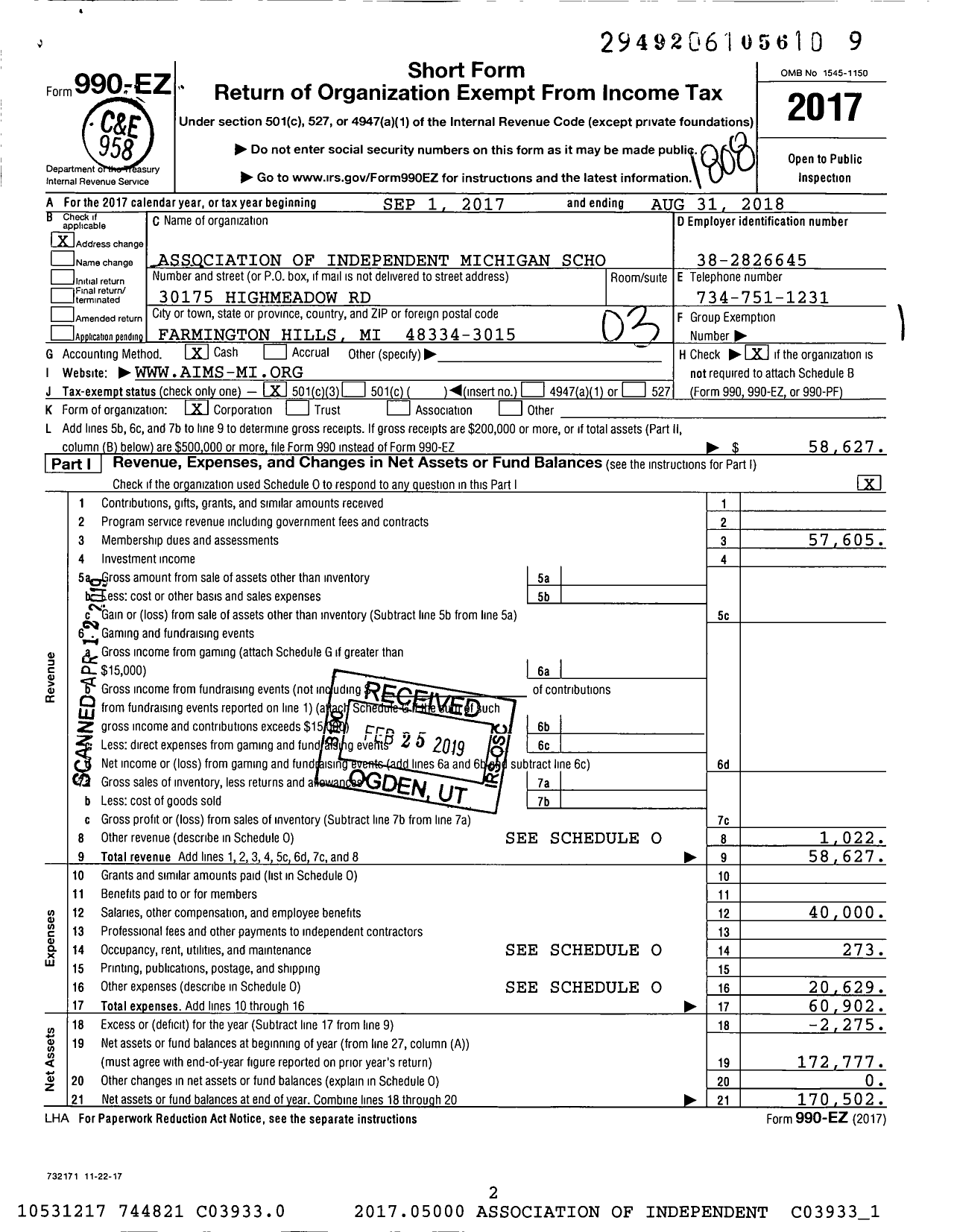 Image of first page of 2017 Form 990EZ for Association of Independent Michigan Schools