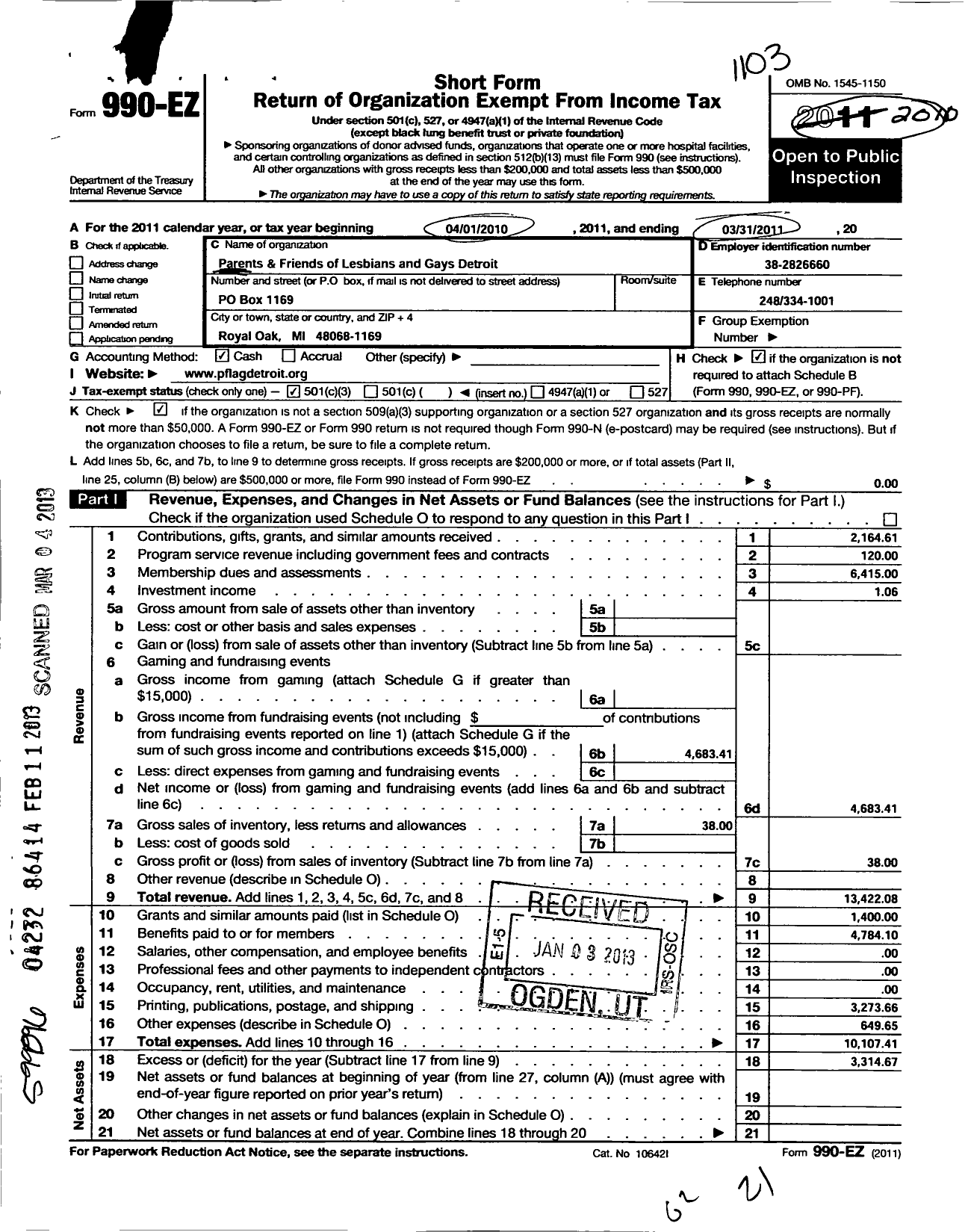 Image of first page of 2010 Form 990EZ for Parents and Friends of Lesbians and Gays Detroit