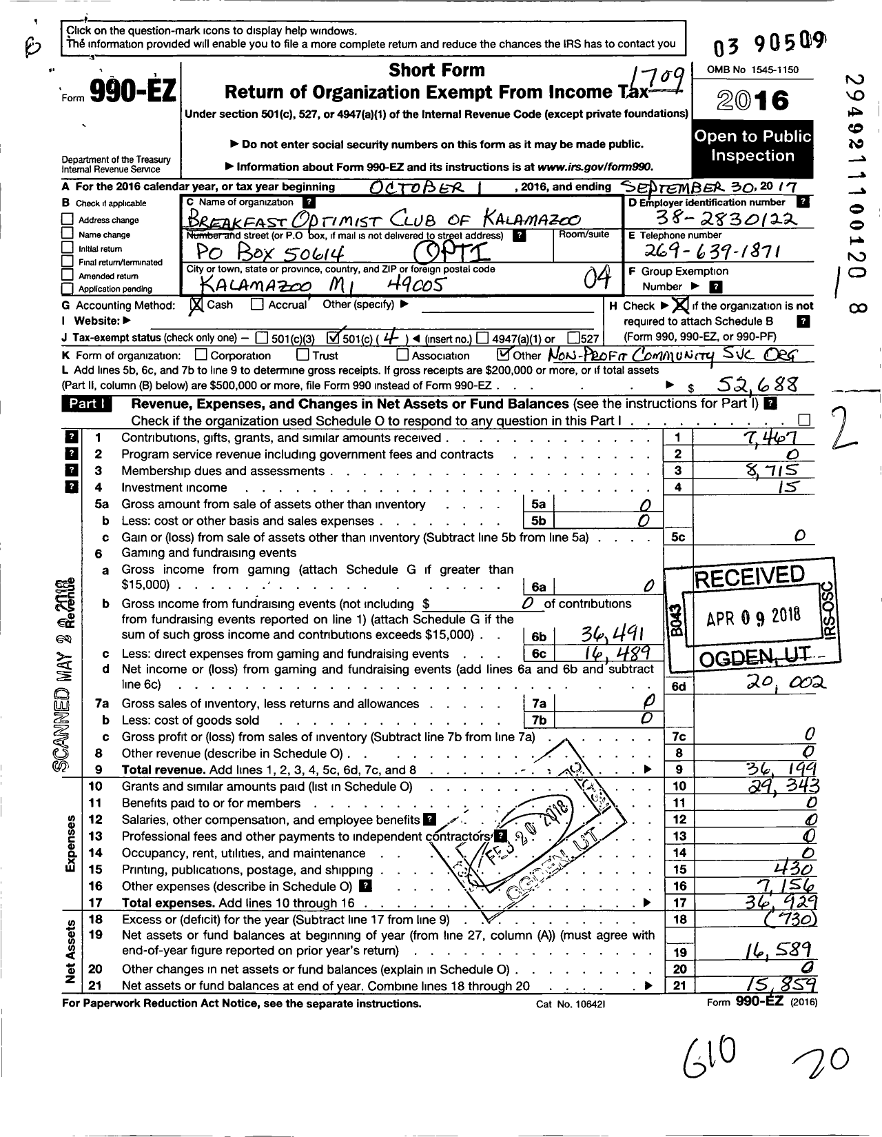 Image of first page of 2016 Form 990EO for Optimist International - 17221 Oc of Kalamazoo-Bft Mi