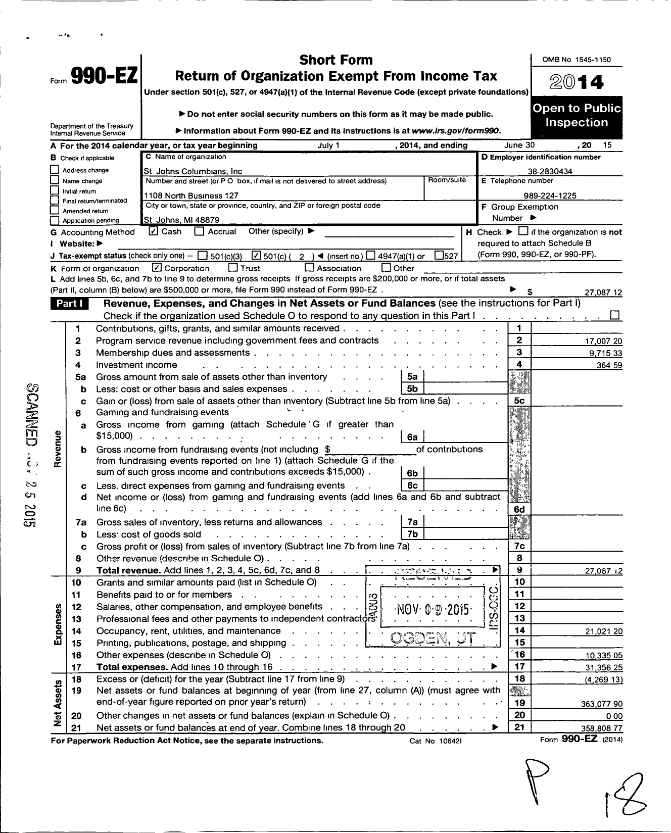 Image of first page of 2014 Form 990EO for St Johns Columbians