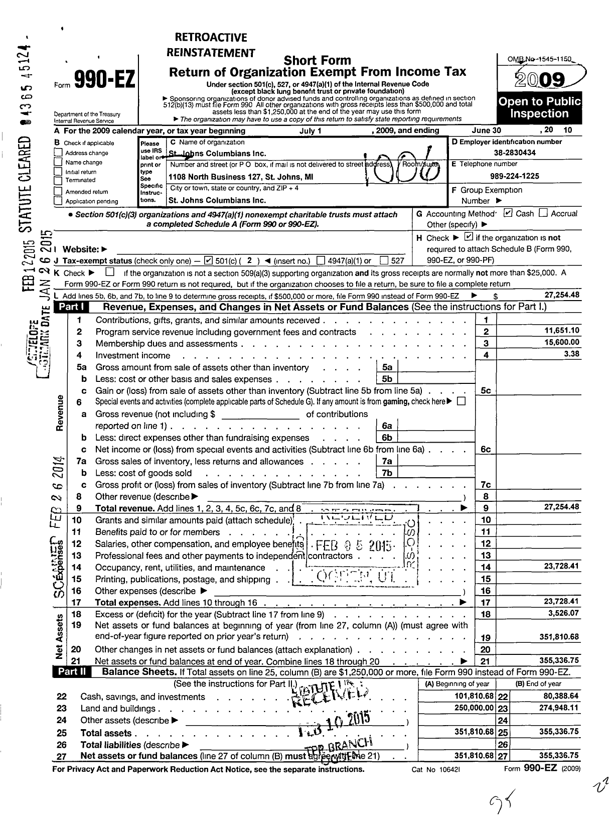 Image of first page of 2009 Form 990EO for St Johns Columbians