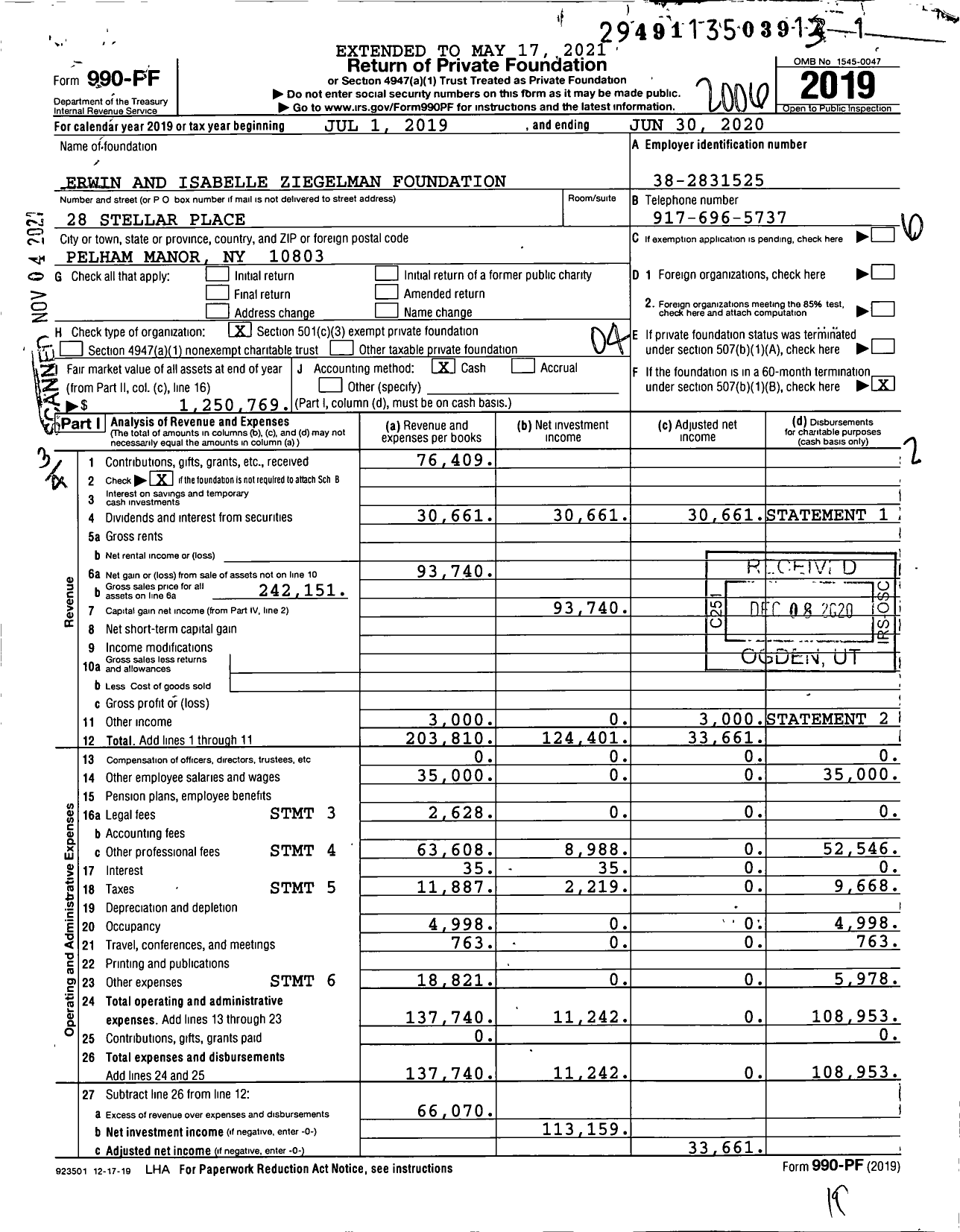 Image of first page of 2019 Form 990PF for Erwin and Isabelle Ziegelman Foundation