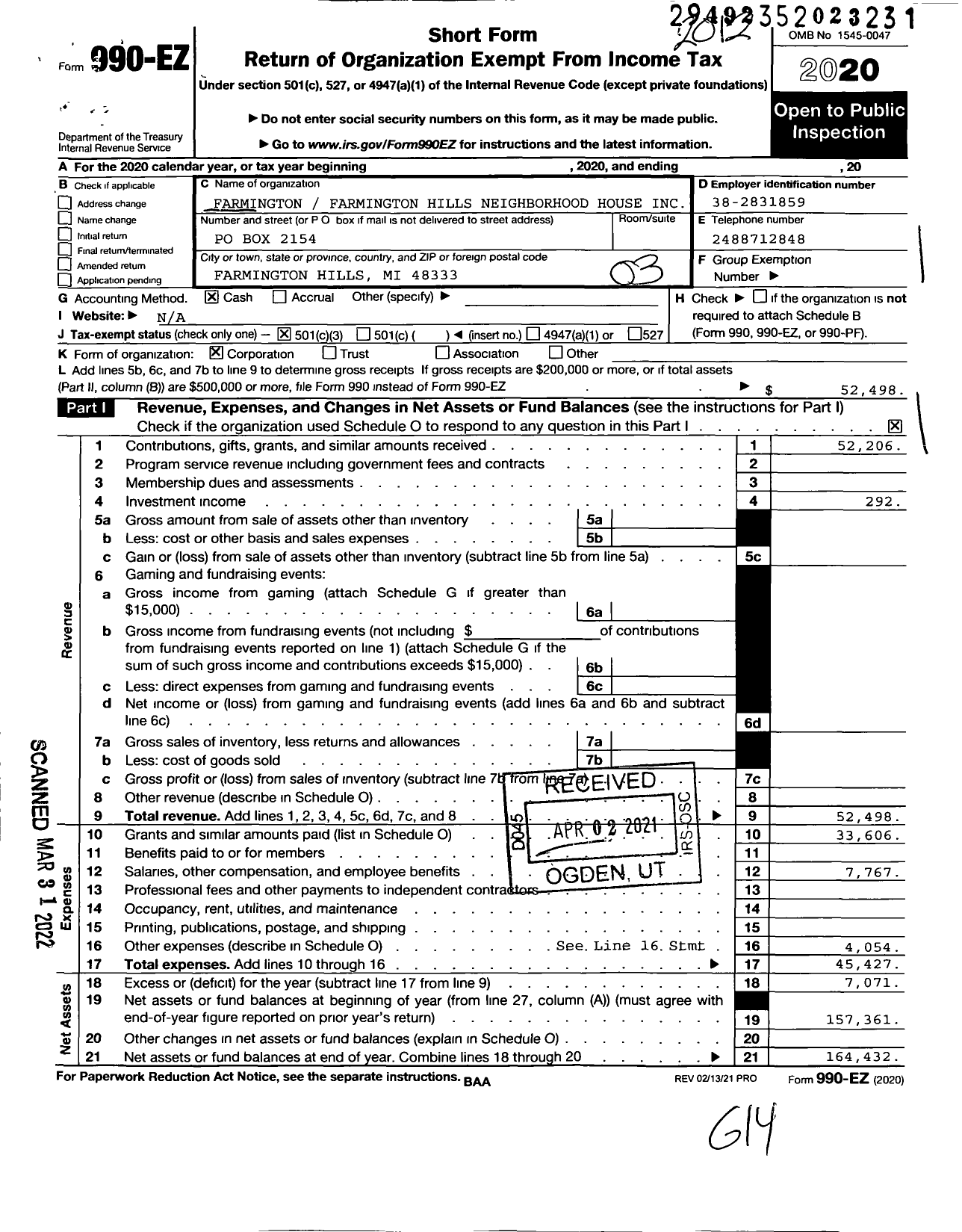 Image of first page of 2020 Form 990EZ for Farmington Farmington Hills Neighborhood House