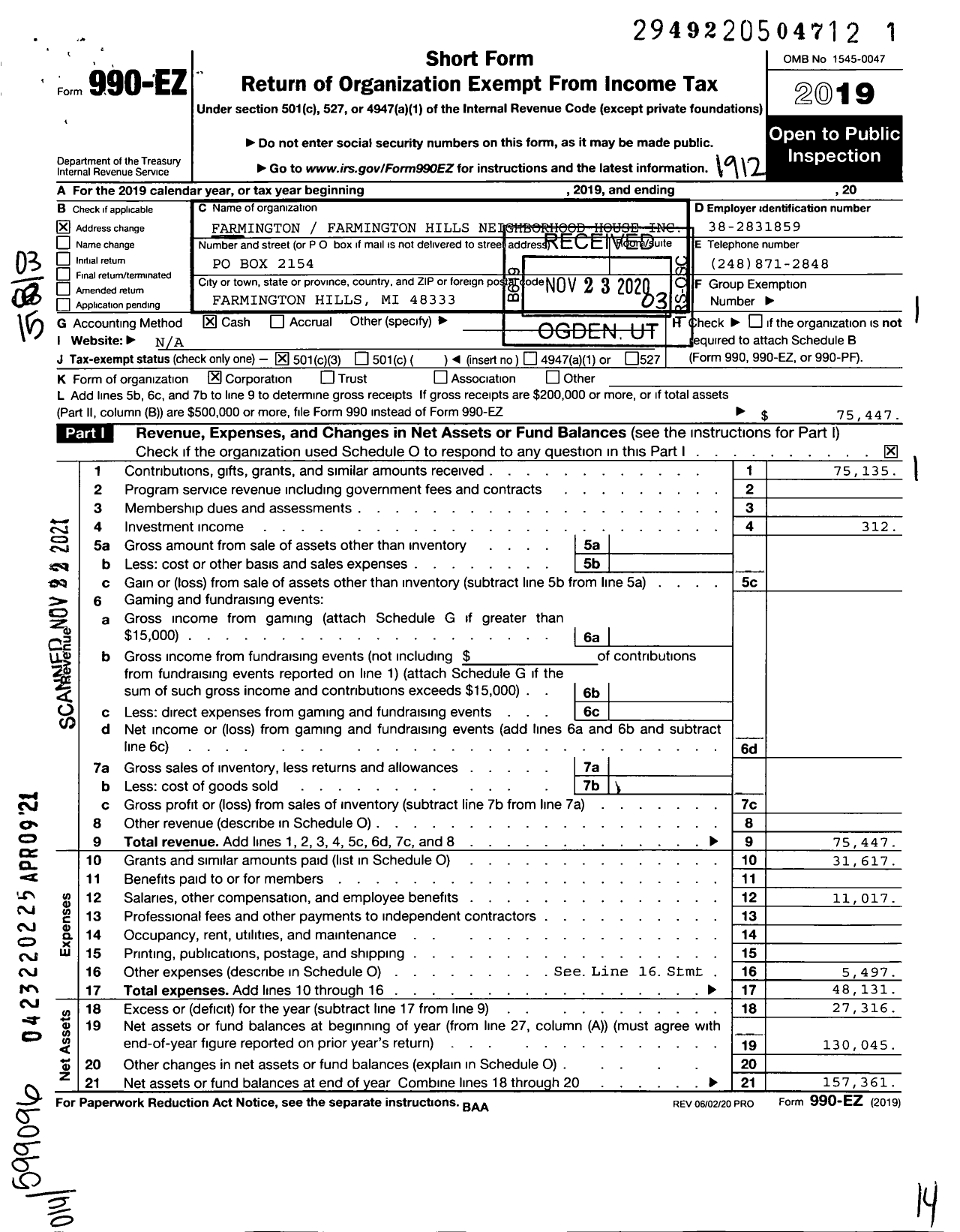 Image of first page of 2019 Form 990EZ for Farmington Farmington Hills Neighborhood House