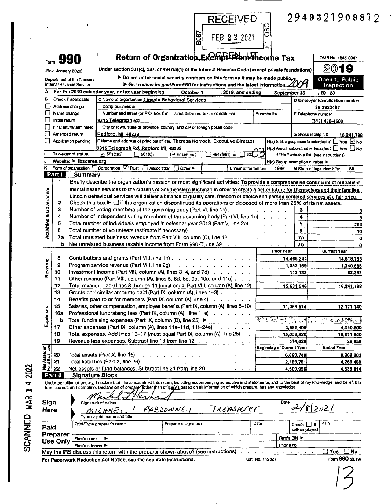 Image of first page of 2019 Form 990 for Lincoln Behavioral Services