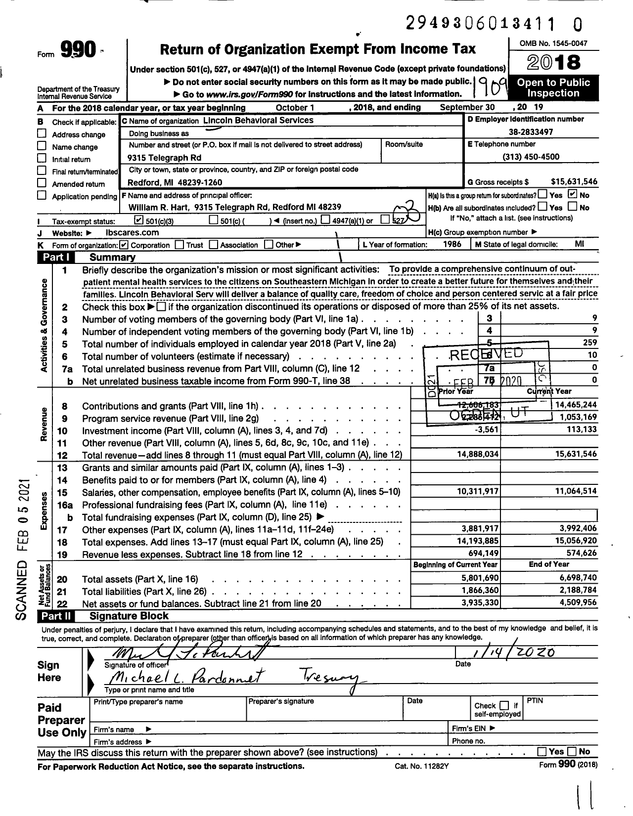 Image of first page of 2018 Form 990 for Lincoln Behavioral Services