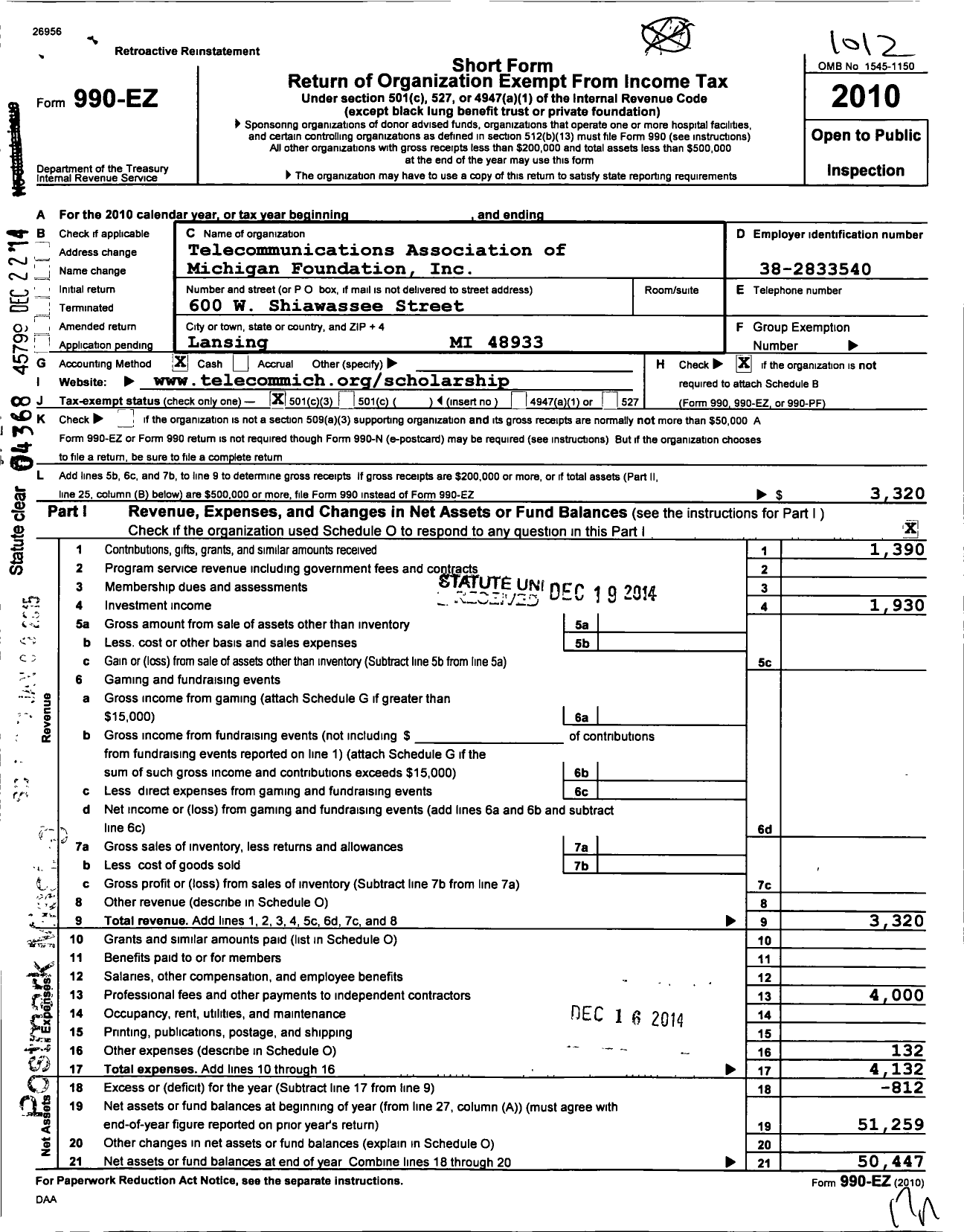 Image of first page of 2010 Form 990EZ for Broadband Association of Michigan Foundation