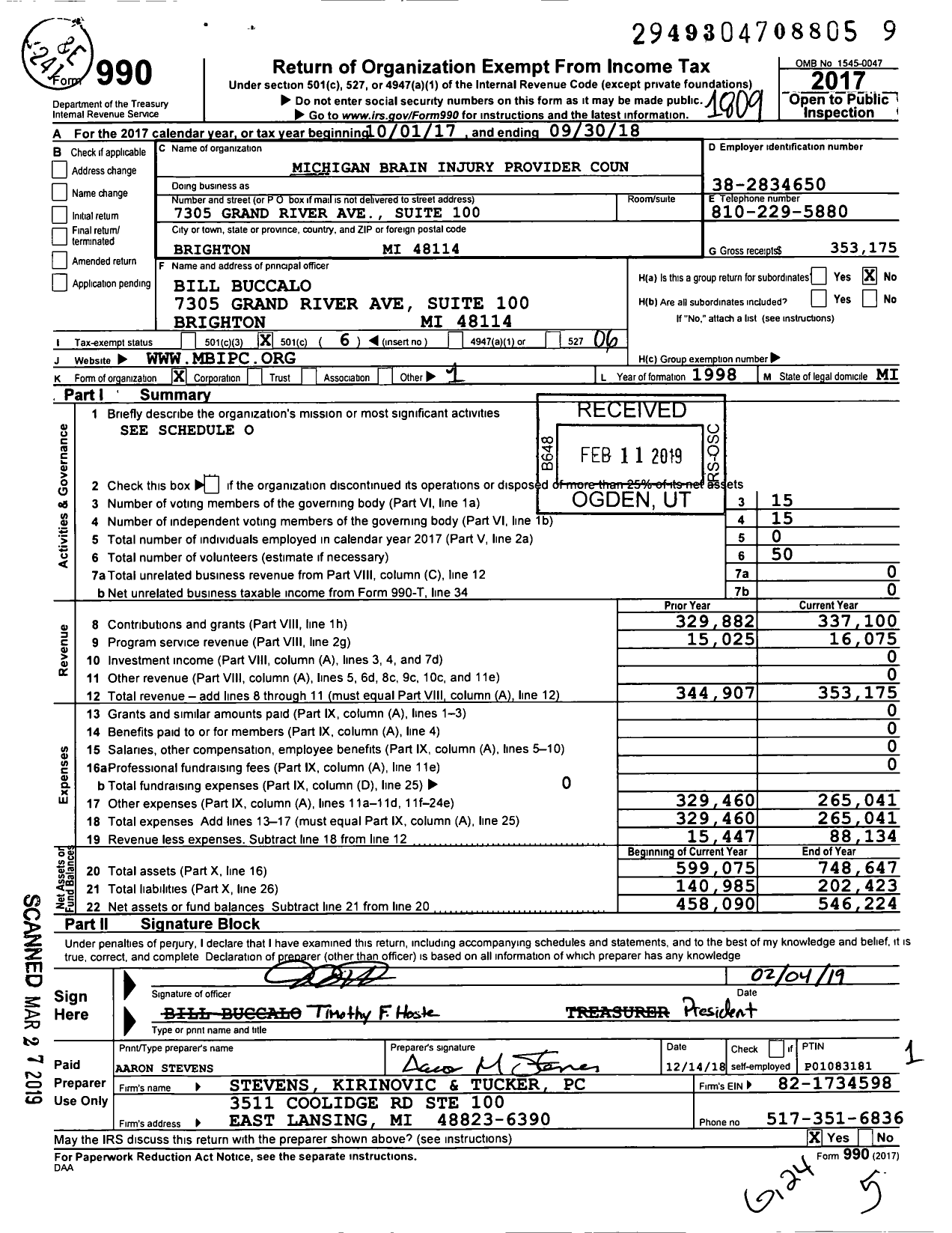 Image of first page of 2017 Form 990O for Michigan Brain Injury Provider Council