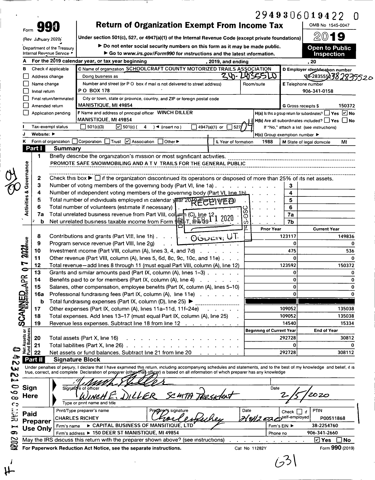 Image of first page of 2019 Form 990O for Schoolcraft County Motorized Trails Association