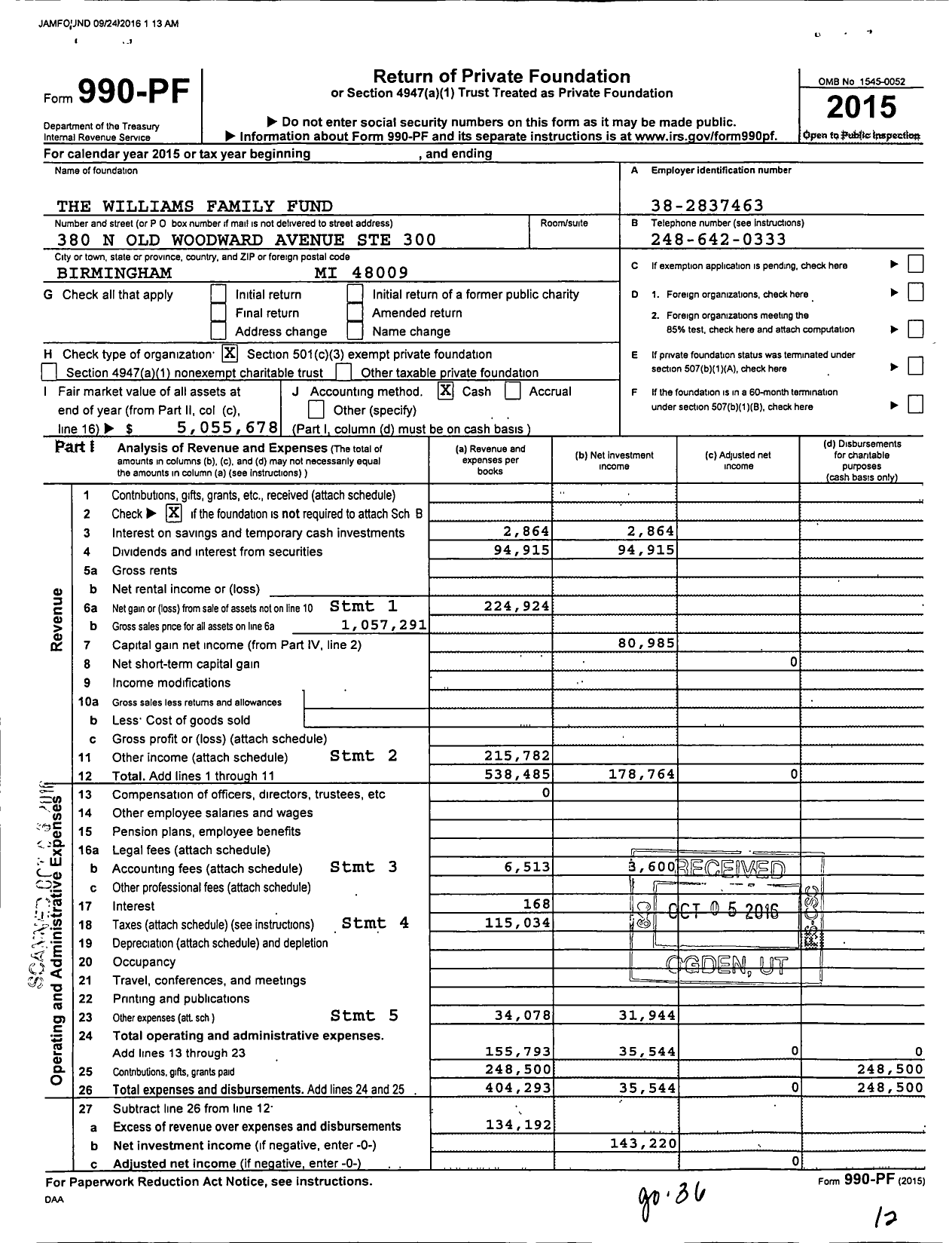 Image of first page of 2015 Form 990PF for The Williams Family Fund
