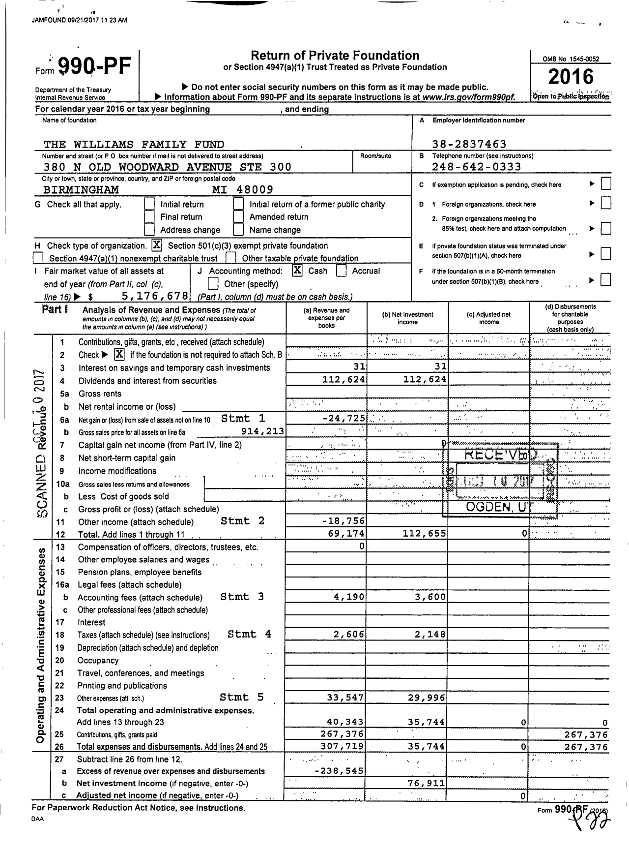 Image of first page of 2016 Form 990PF for The Williams Family Fund