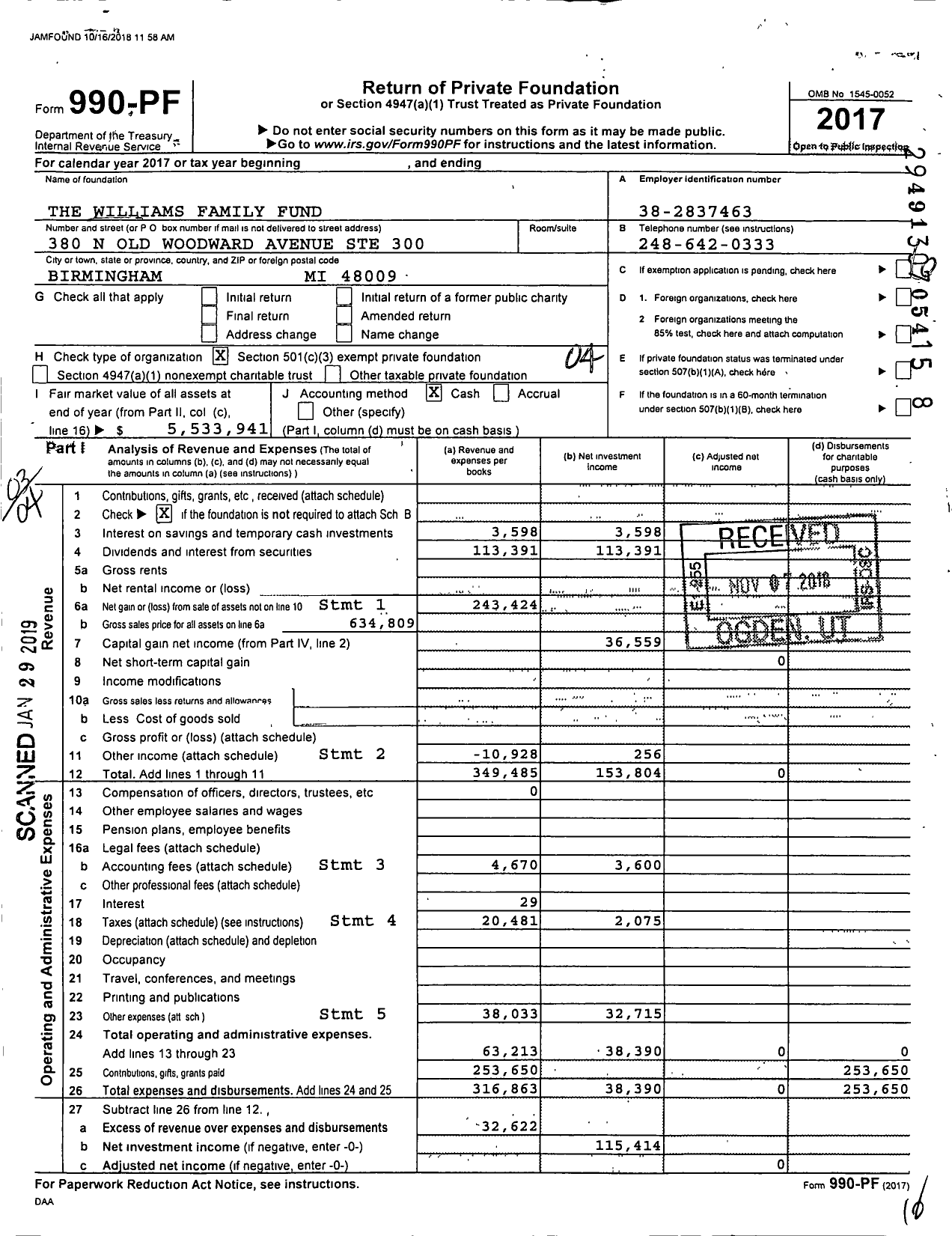 Image of first page of 2017 Form 990PF for The Williams Family Fund