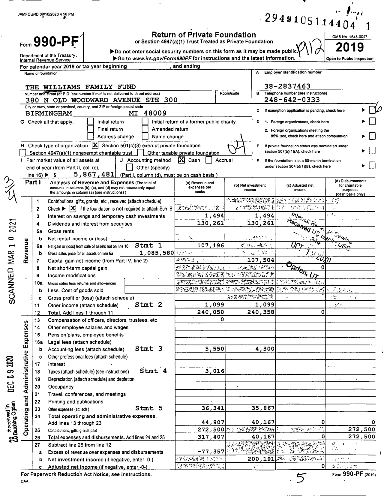 Image of first page of 2019 Form 990PF for The Williams Family Fund