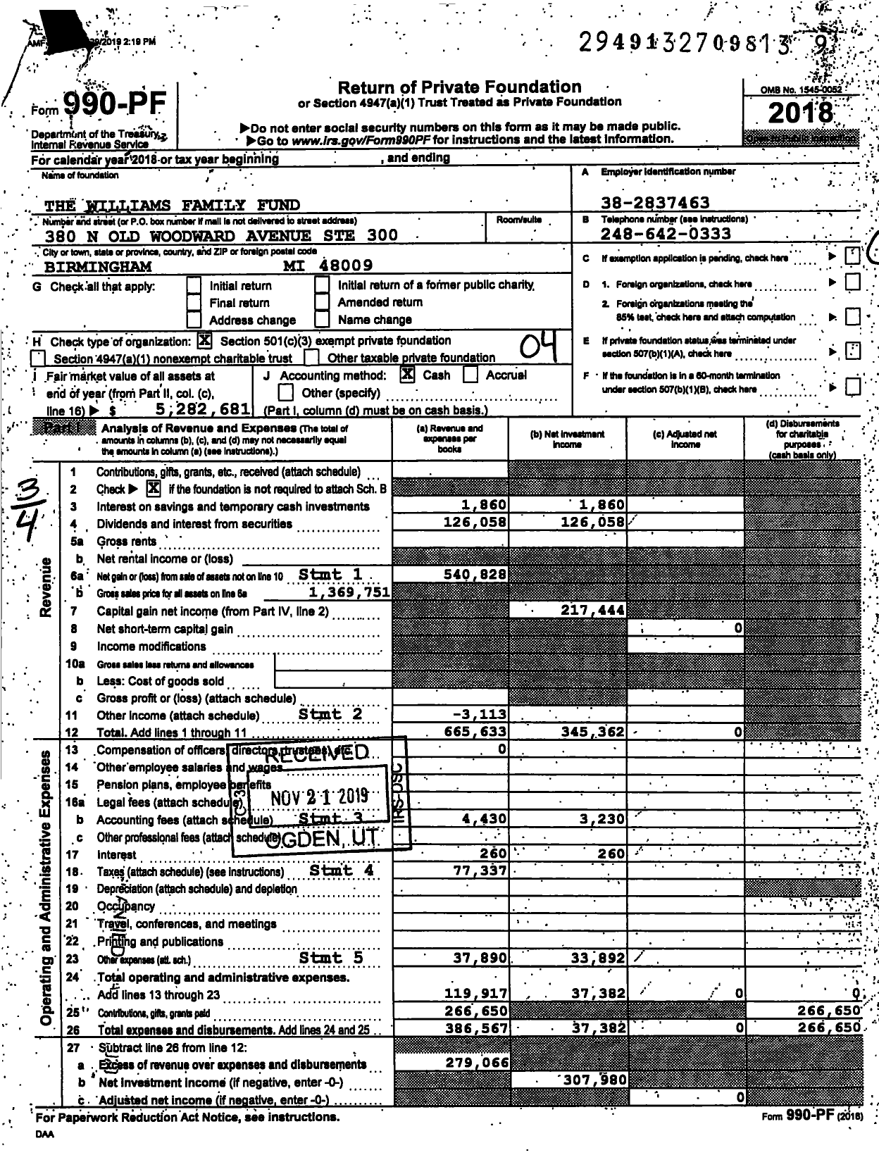 Image of first page of 2018 Form 990PF for The Williams Family Fund