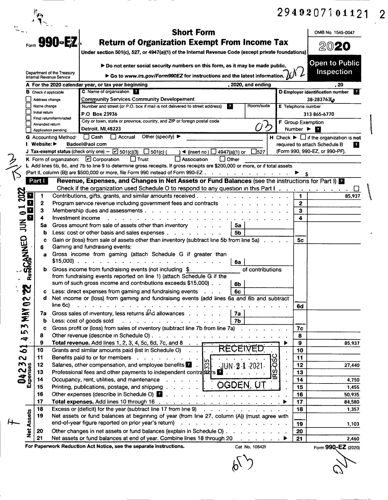 Image of first page of 2020 Form 990EZ for Community Service Community Development