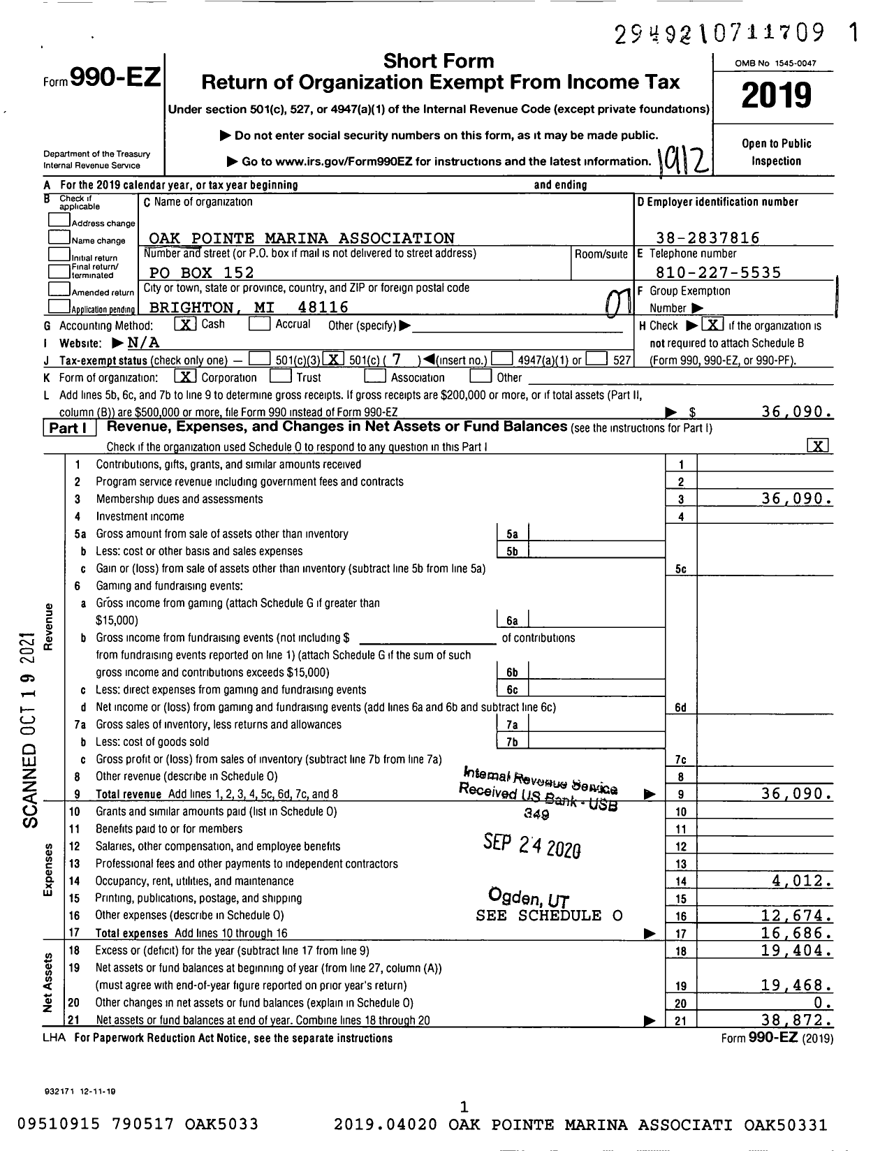 Image of first page of 2019 Form 990EO for Oak Pointe Marina Association