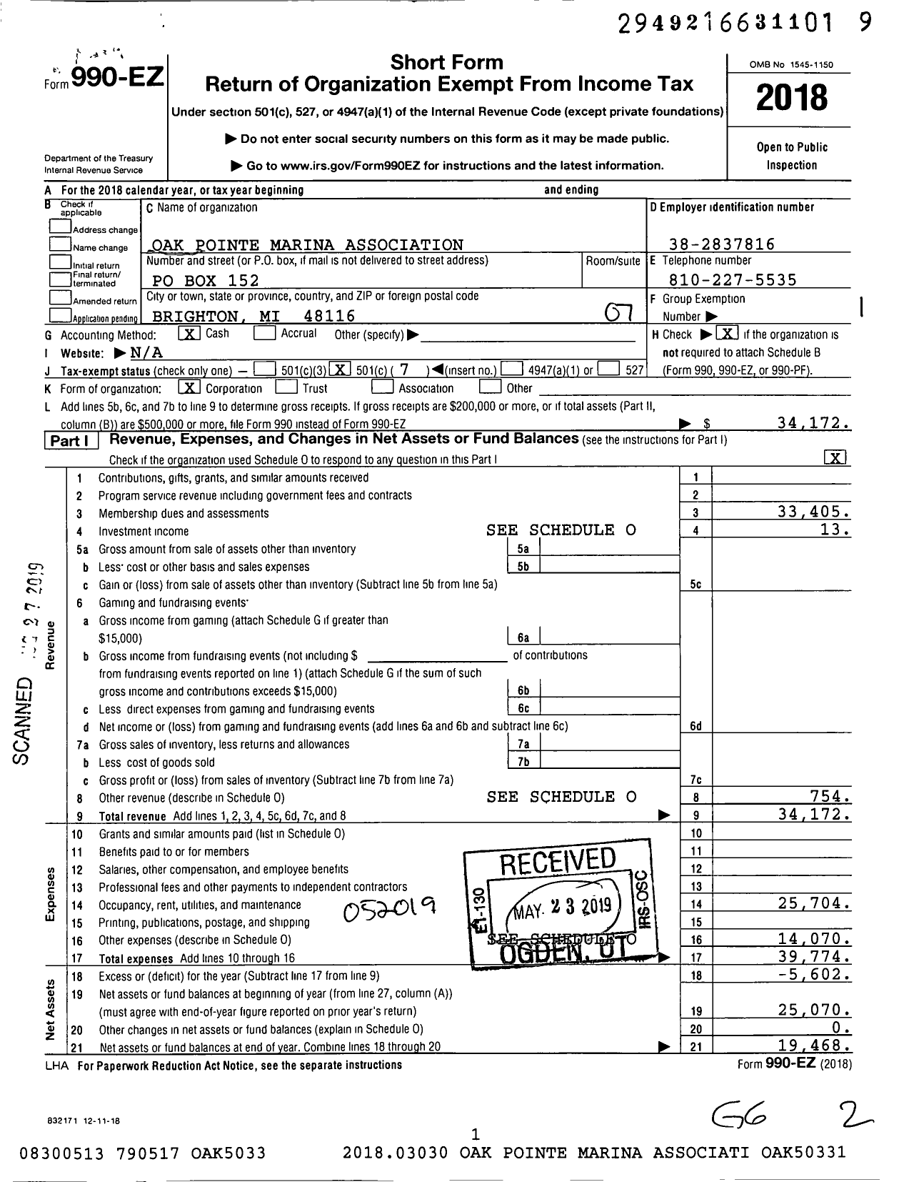 Image of first page of 2018 Form 990EO for Oak Pointe Marina Association