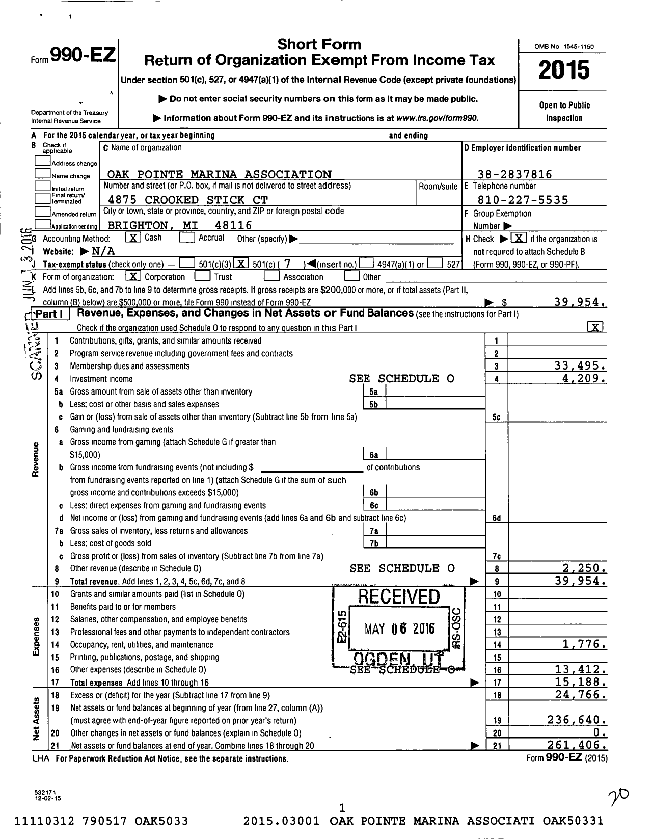 Image of first page of 2015 Form 990EO for Oak Pointe Marina Association