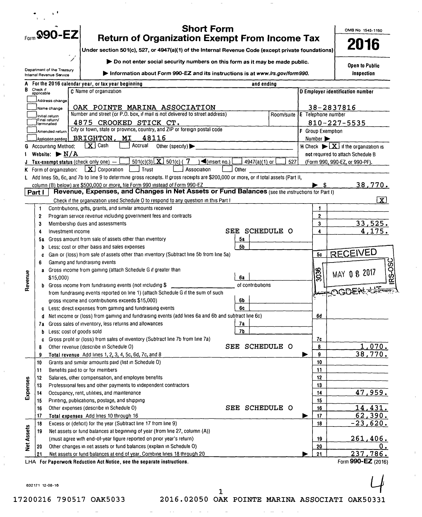 Image of first page of 2016 Form 990EO for Oak Pointe Marina Association