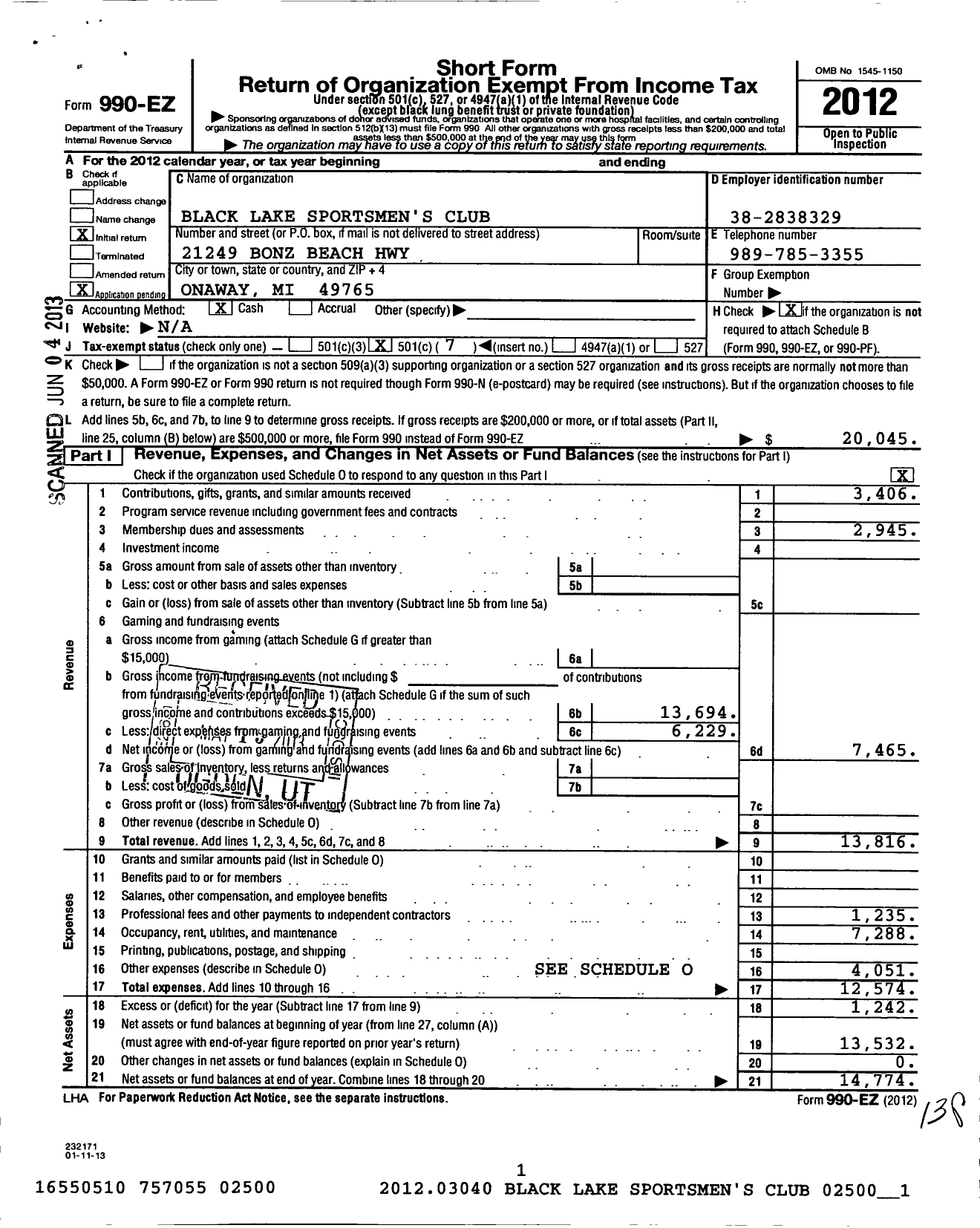 Image of first page of 2012 Form 990EO for Black Lake Sportsman Club