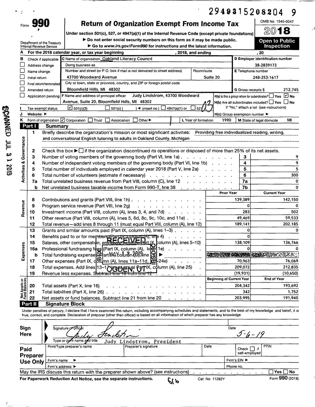 Image of first page of 2018 Form 990 for Oakland Literacy Council