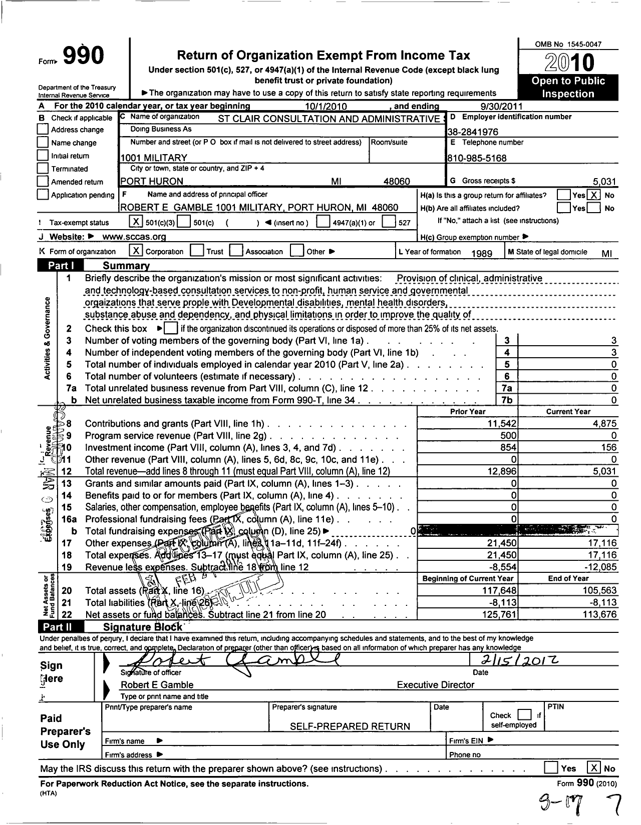 Image of first page of 2010 Form 990 for St Clair Consultation and Administrative Services