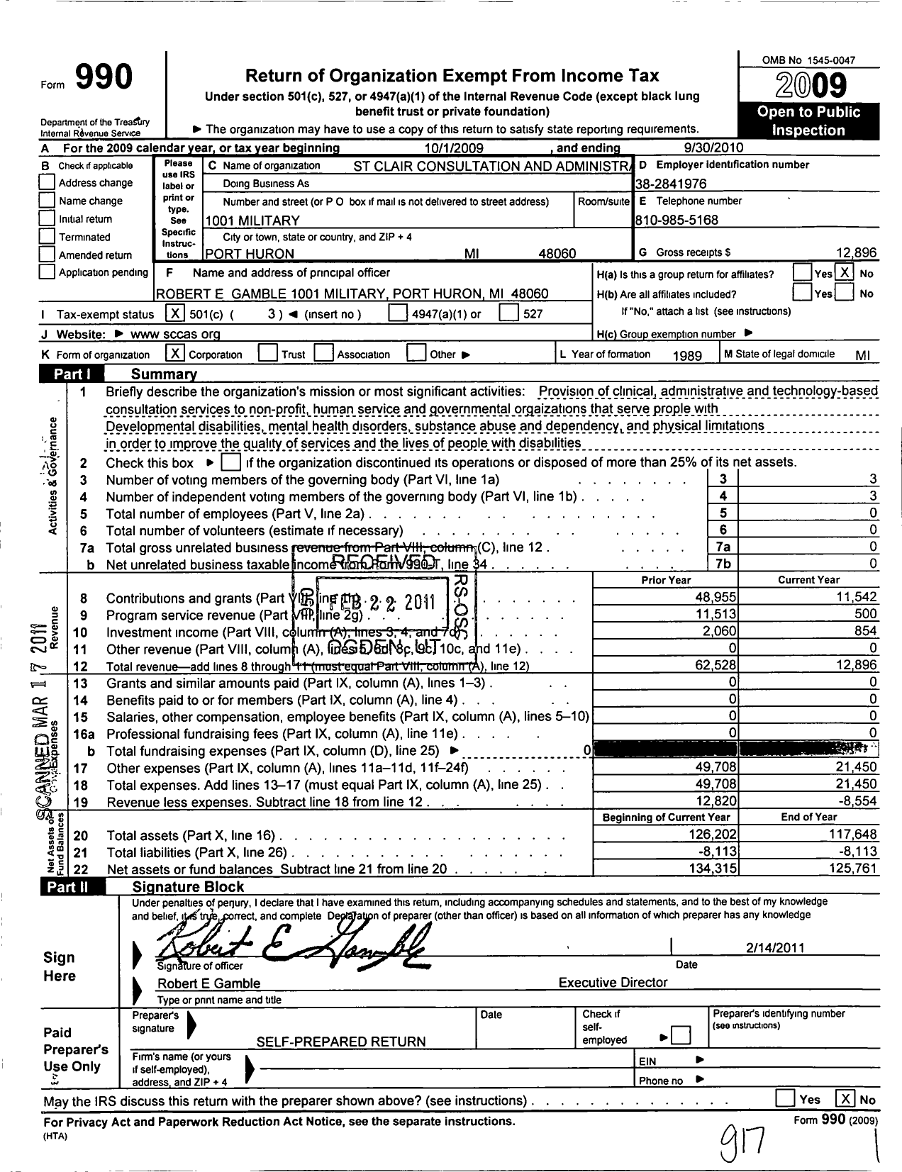 Image of first page of 2009 Form 990 for St Clair Consultation and Administrative Services